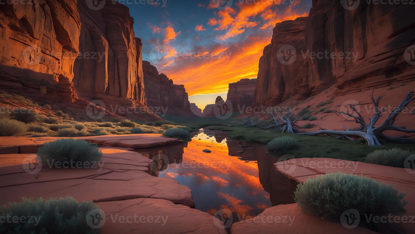 Canyon River Reflecting Sky at Dusk in Desert Landscape photo