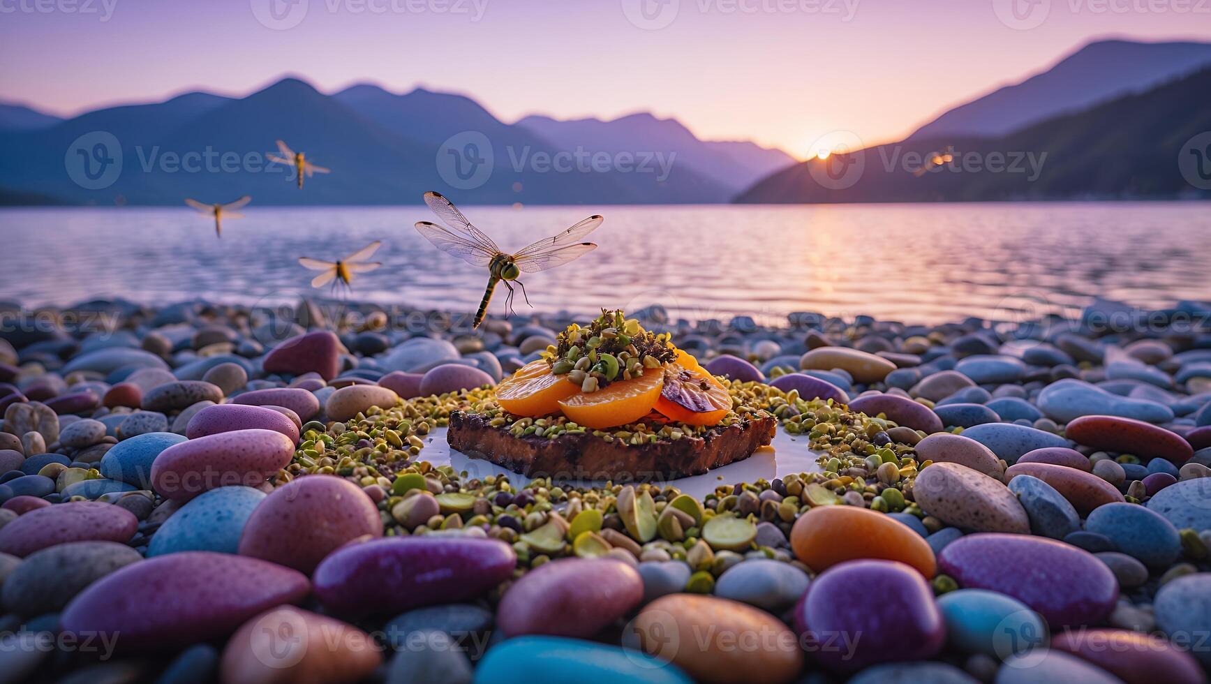 Toast with Fruit and Pistachios on Beach at Sunset with Dragonflies photo