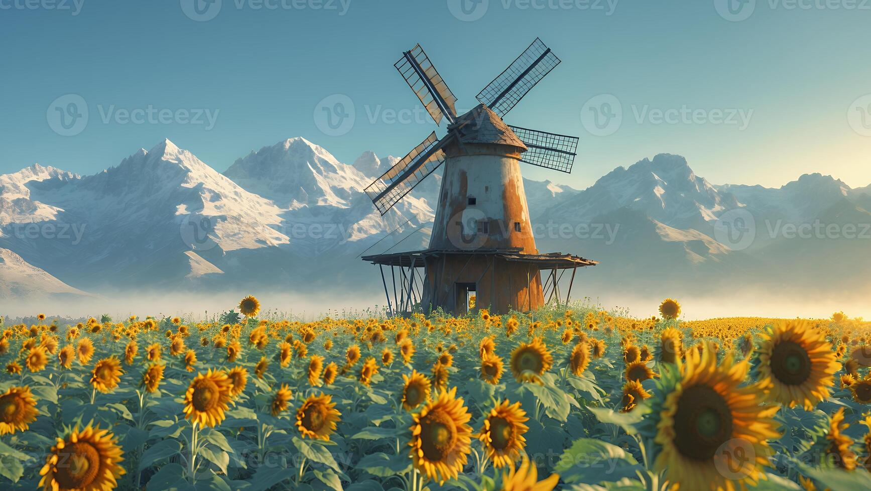 Windmill Standing in a Sunflower Field with Mountain Backdrop Scene photo