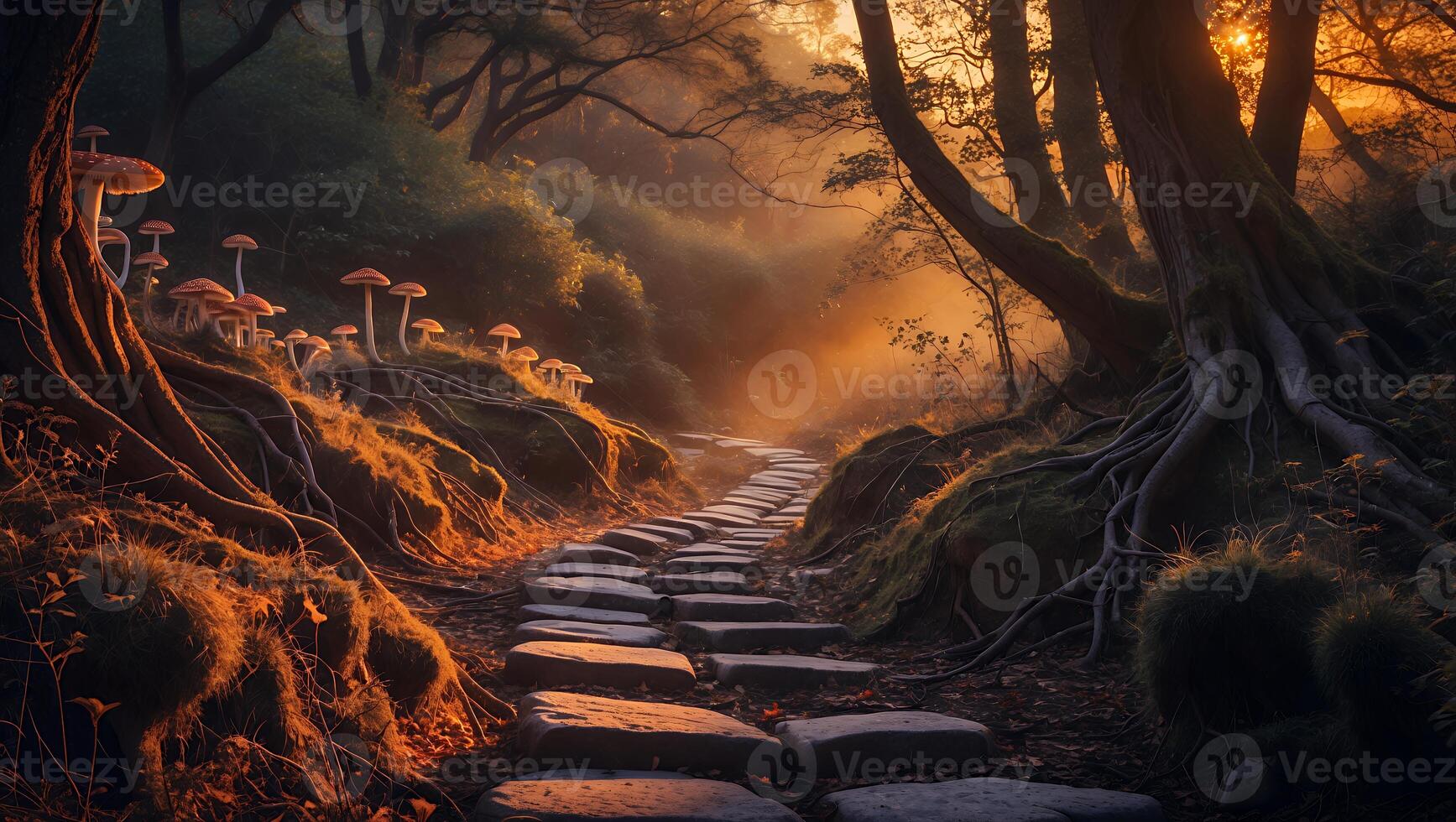 Walking Stone Path Through Enchanted Forest with Mushrooms and Sunlight photo