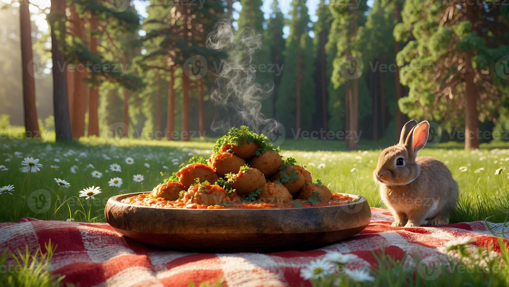 Serving Meatballs in Nature with a Rabbit at a Picnic photo