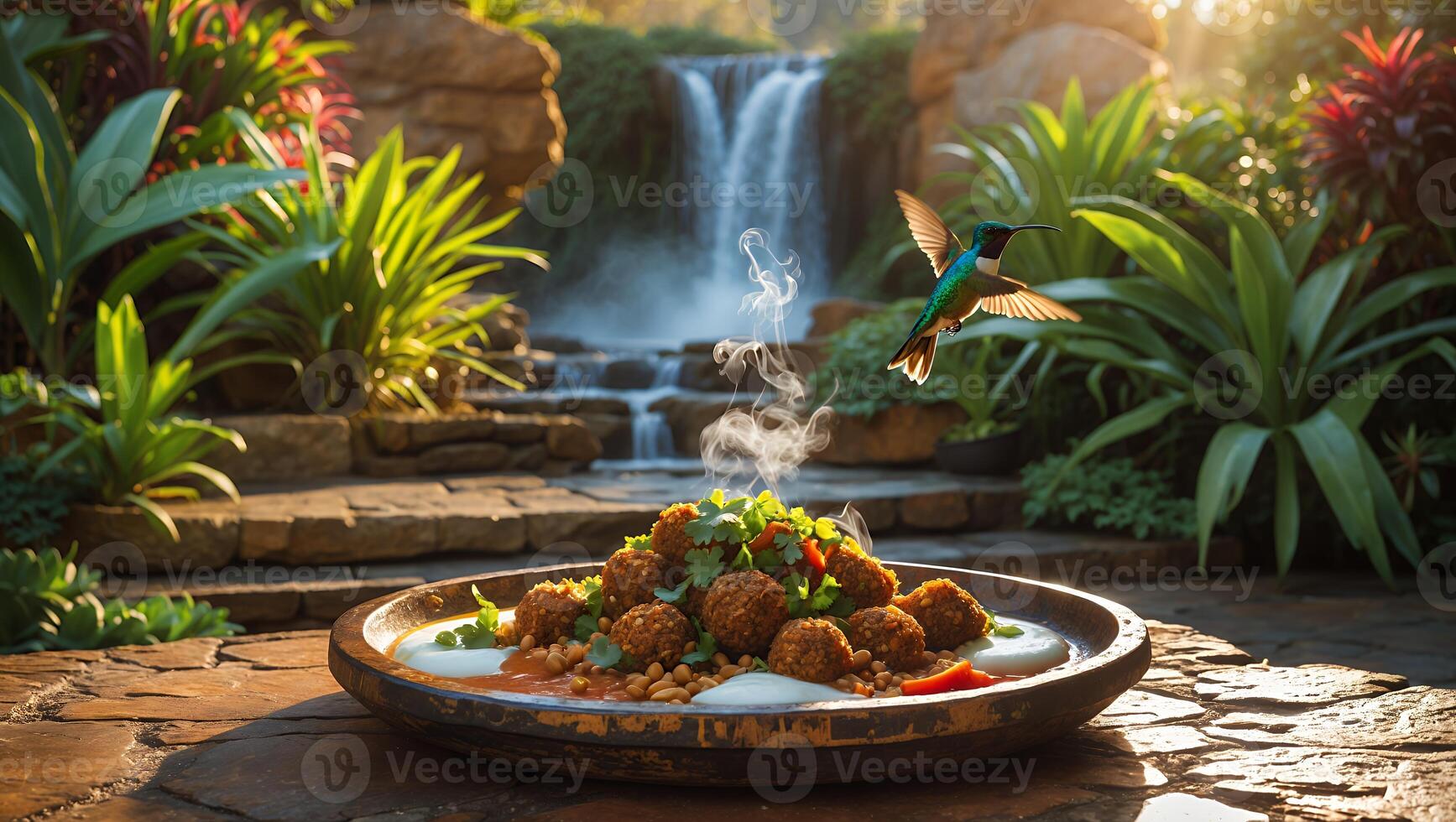 Falafel Dish by Waterfall with Flying Hummingbird Food Presentation photo