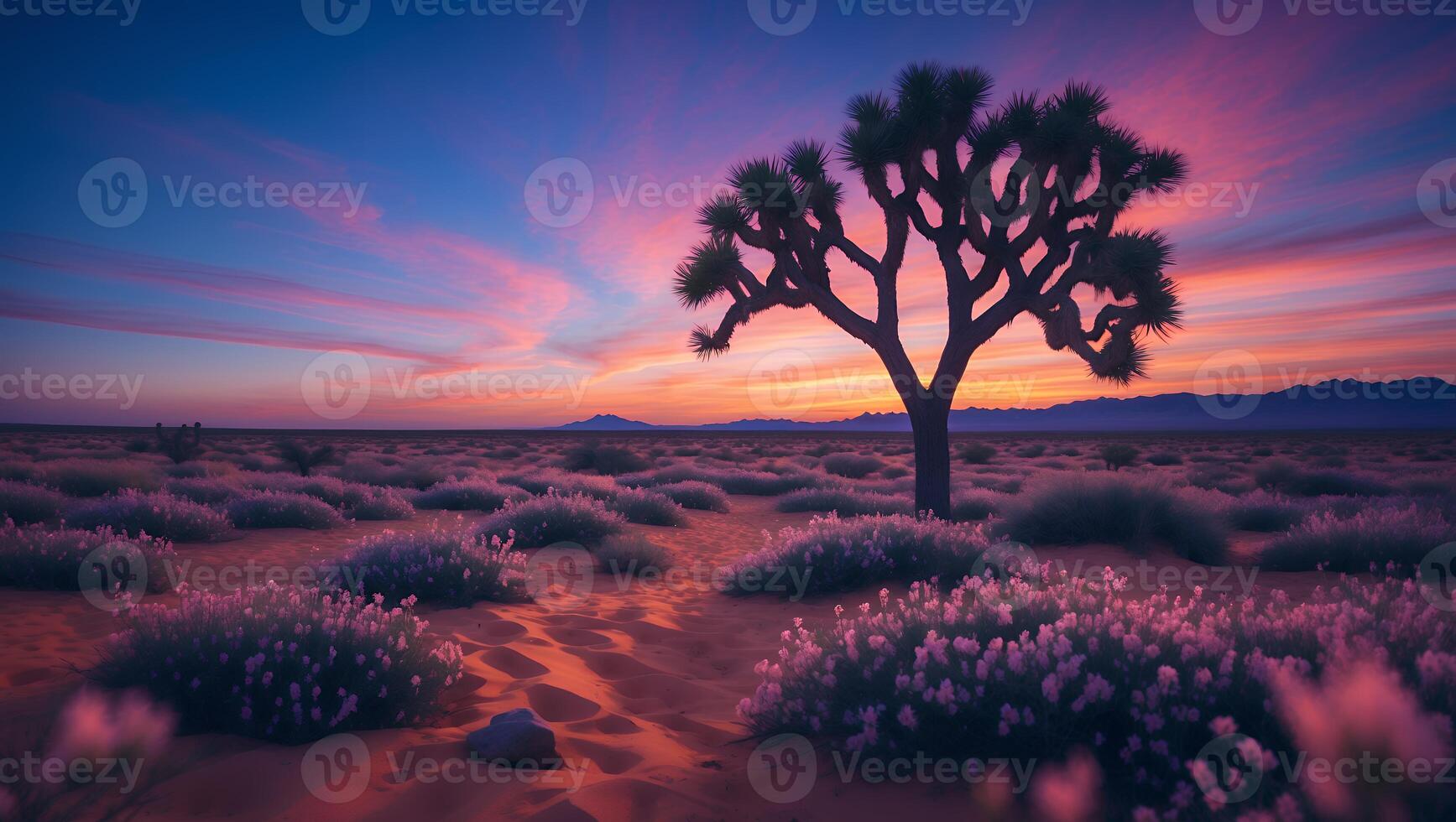 Desert Tree Silhouette with Colorful Sky and Wildflower Field at Sunset photo