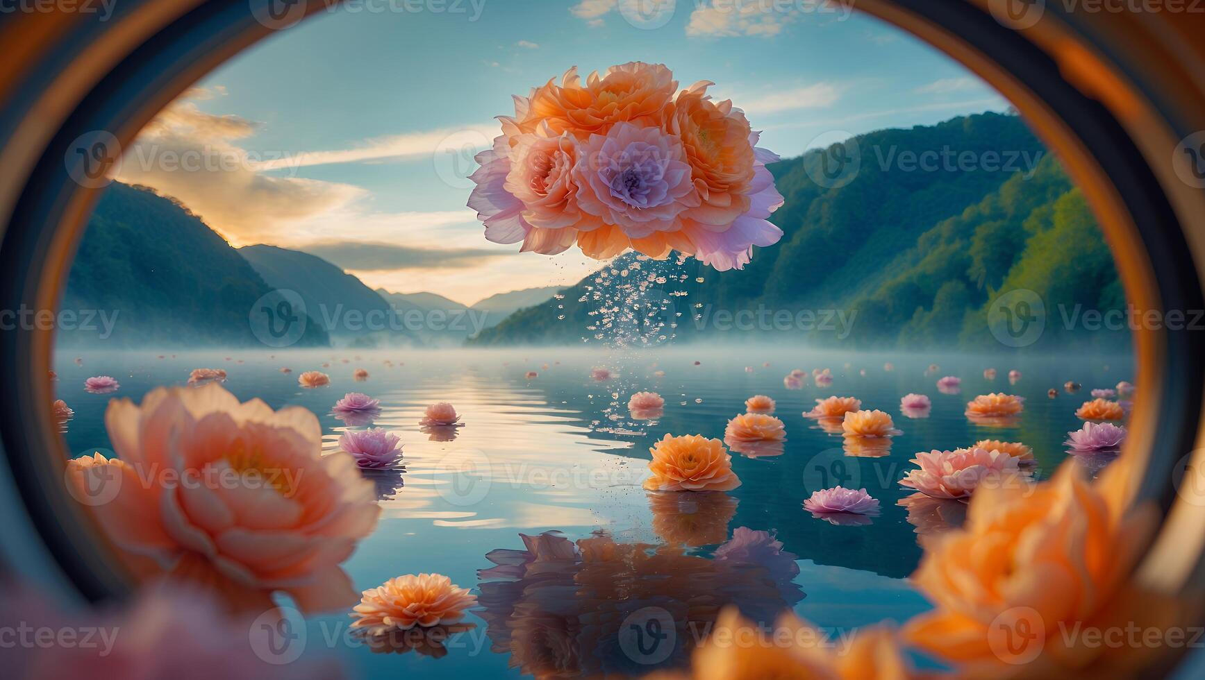 Floating Flowers on Lake Surrounded by Mountains During Sunset View photo