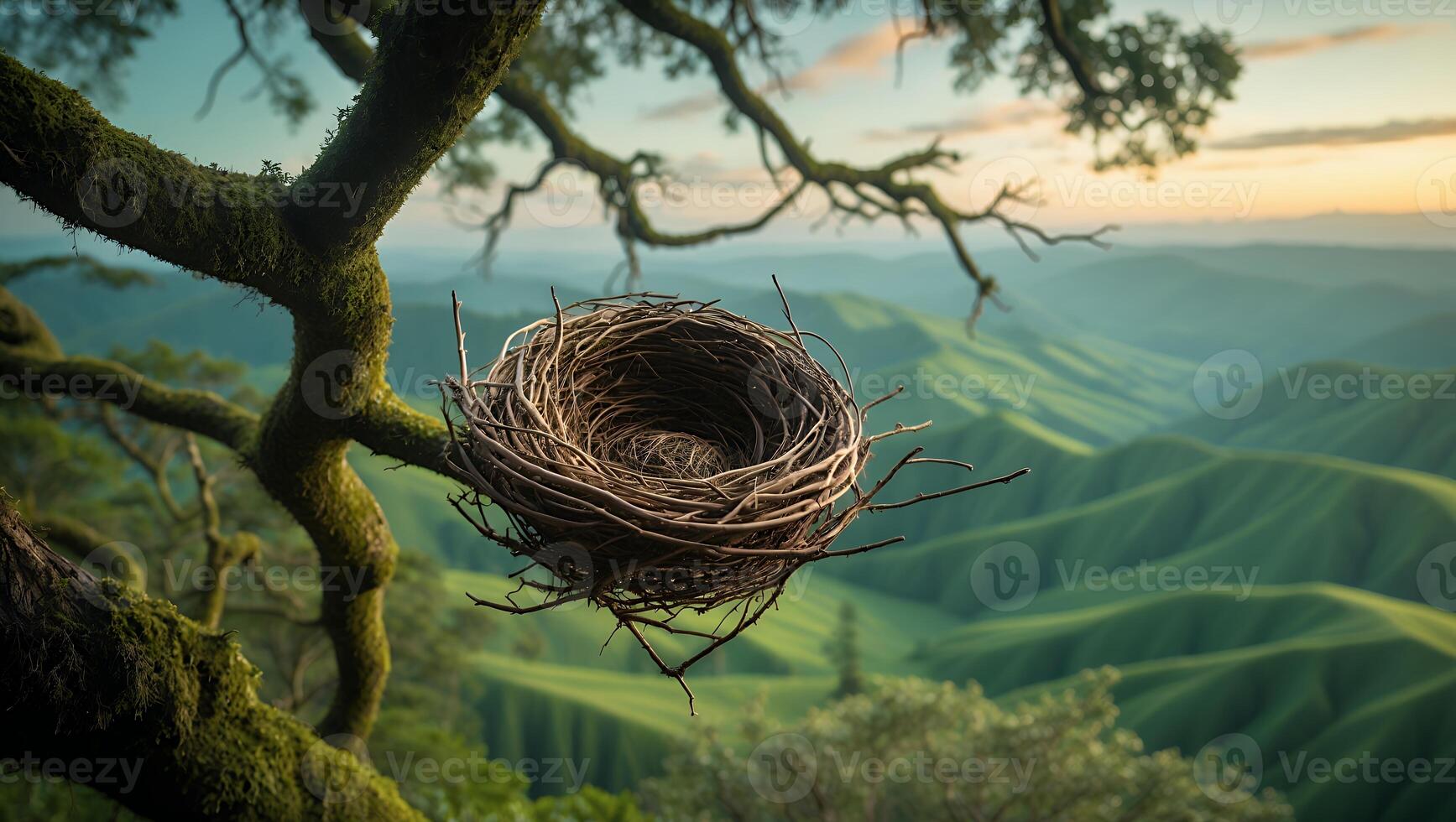 Empty Bird Nest in a Tree with Rolling Hills Landscape View photo