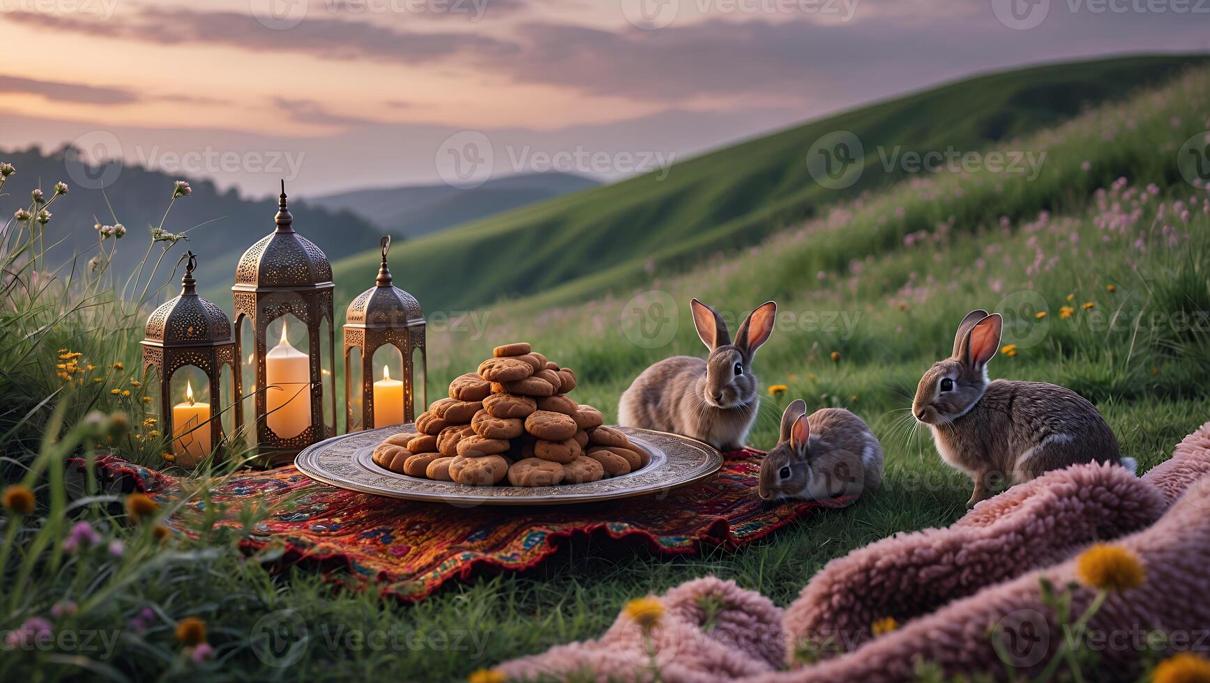 Rabbits on Picnic Blanket with Cookies, Lanterns and Rolling Hills photo