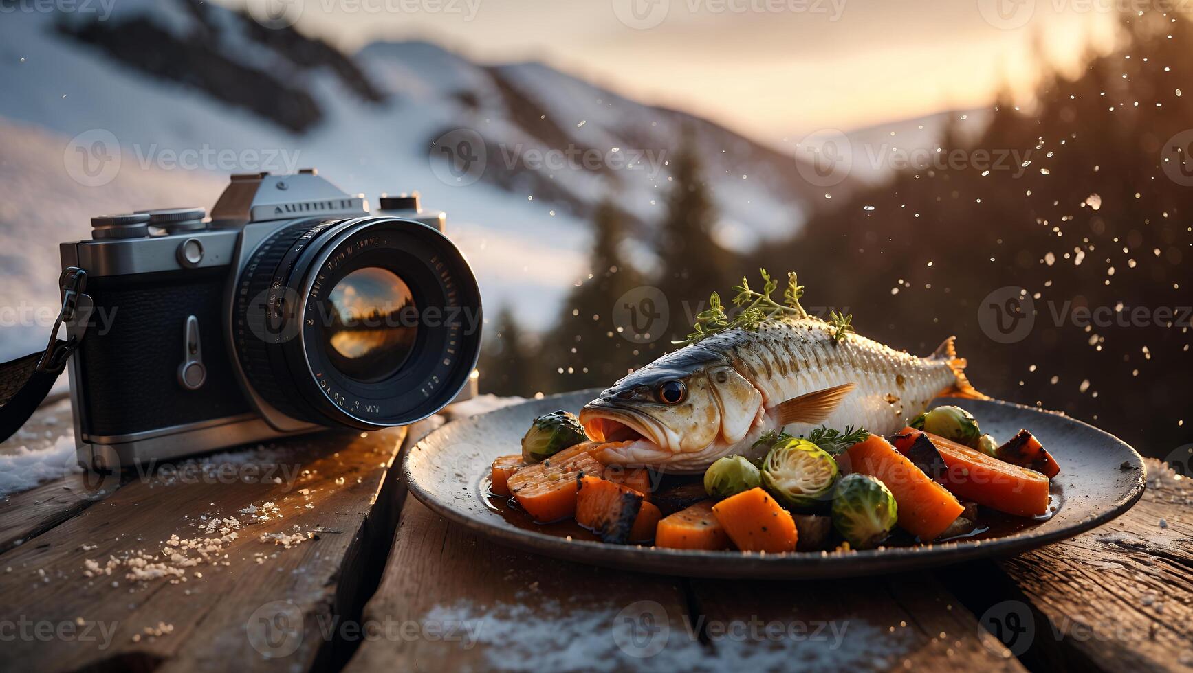 Prepared Fish with Vegetables and Camera on Snowy Table Outdoors photo