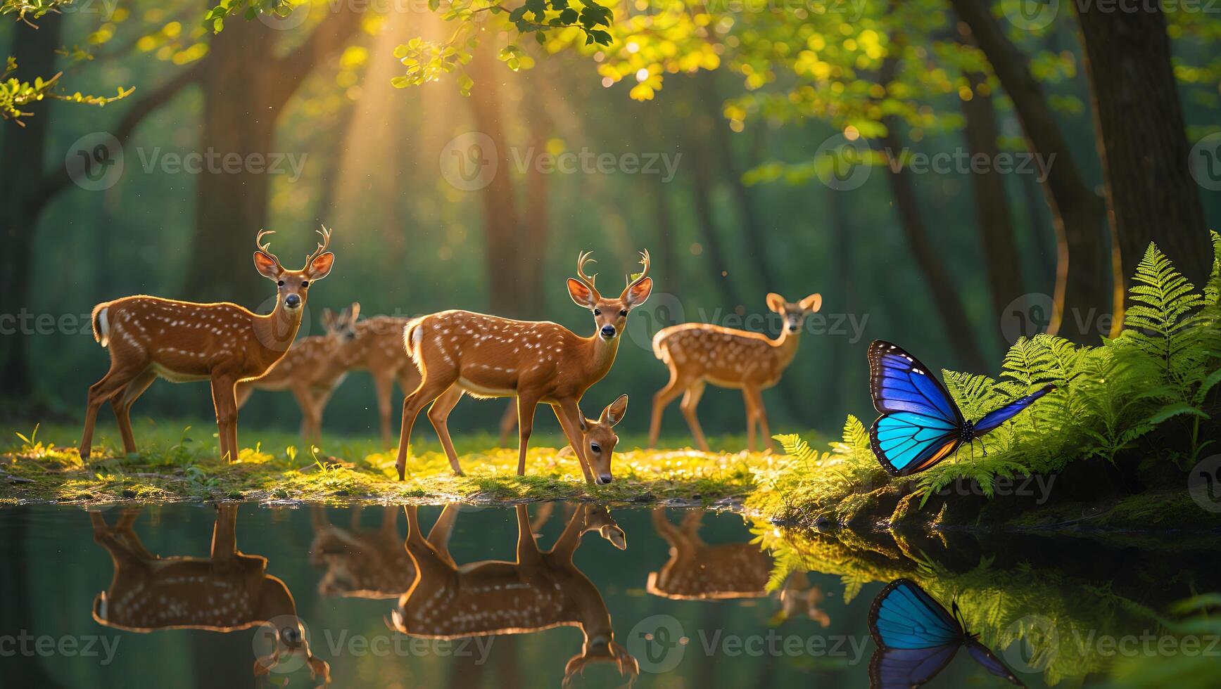 Deer Drinking Water at Forest Pond with Butterfly and Sunlight photo