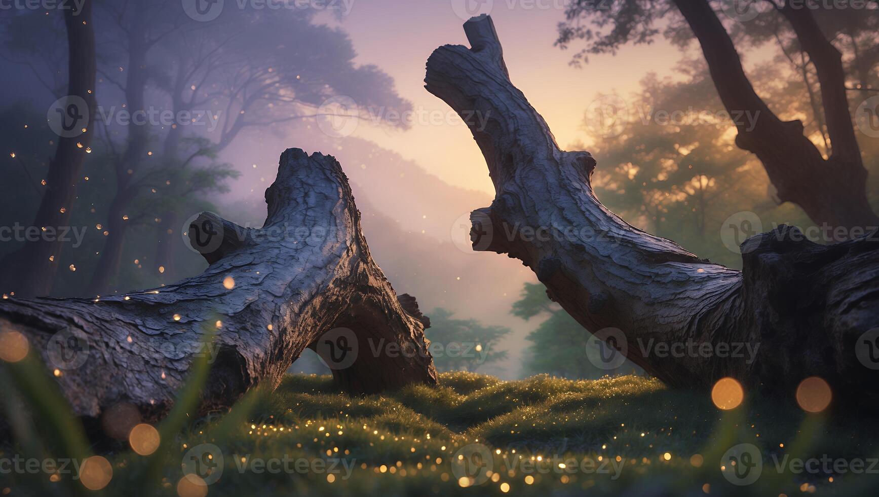 Fallen Tree Trunk in Forest with Misty Light and Bokeh photo