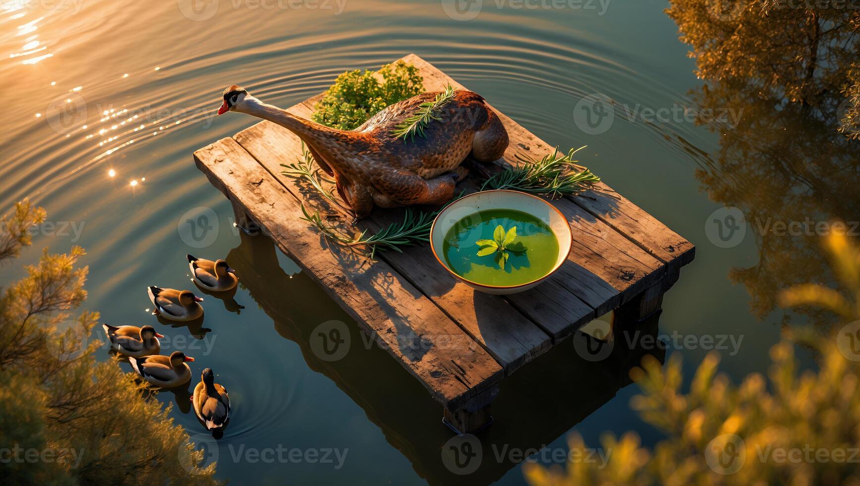 Festive Thanksgiving Feast Served on Floating Dock with Ducks photo