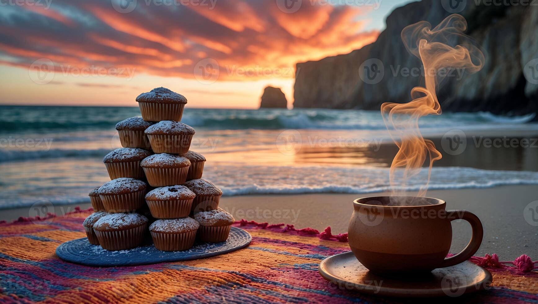 Cupcakes and Steaming Drink on a Beach at Sunset Serenity photo