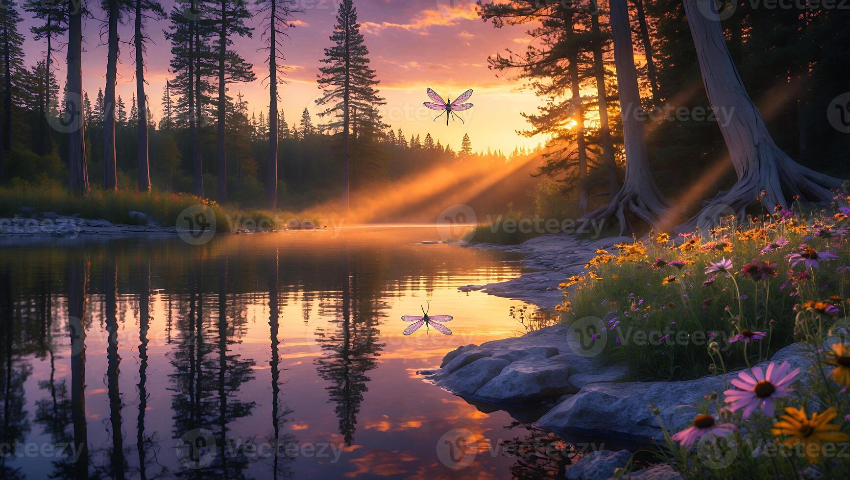 Reflections on Still Lake with Dragonfly and Forest at Sunrise photo