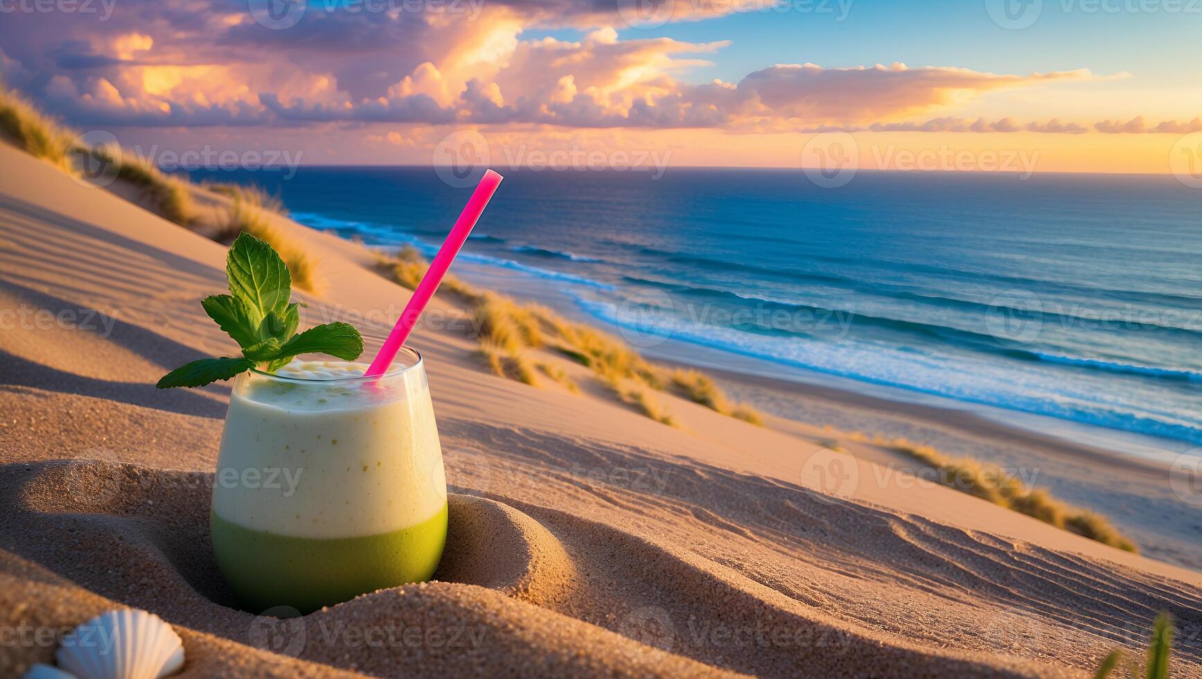 Refreshing Beach Drink on Sand Dunes Overlooking Ocean at Sunset photo