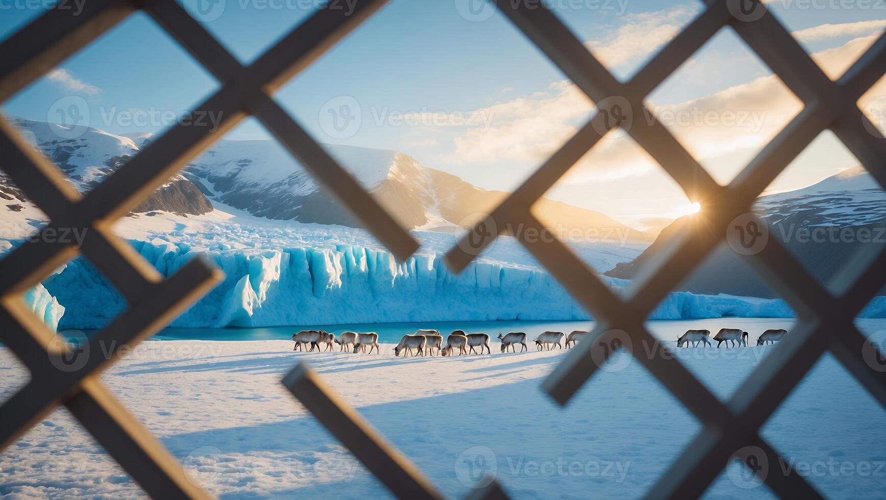 Reindeer Grazing on Snowy Plain Near Glacier Seen Through Window Grate photo