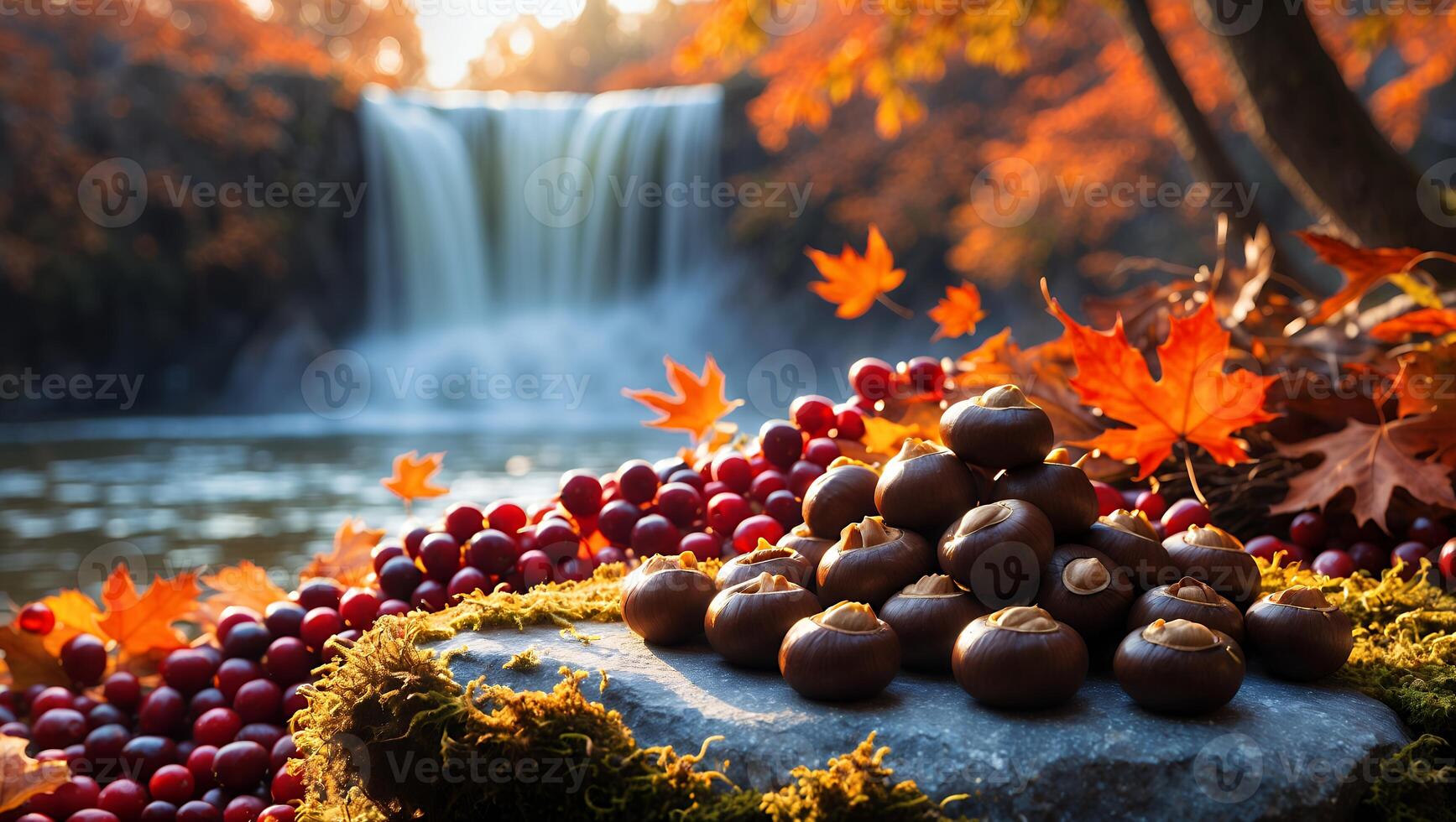 Autumn Harvest Still Life with Waterfall and Colorful Fall Foliage photo