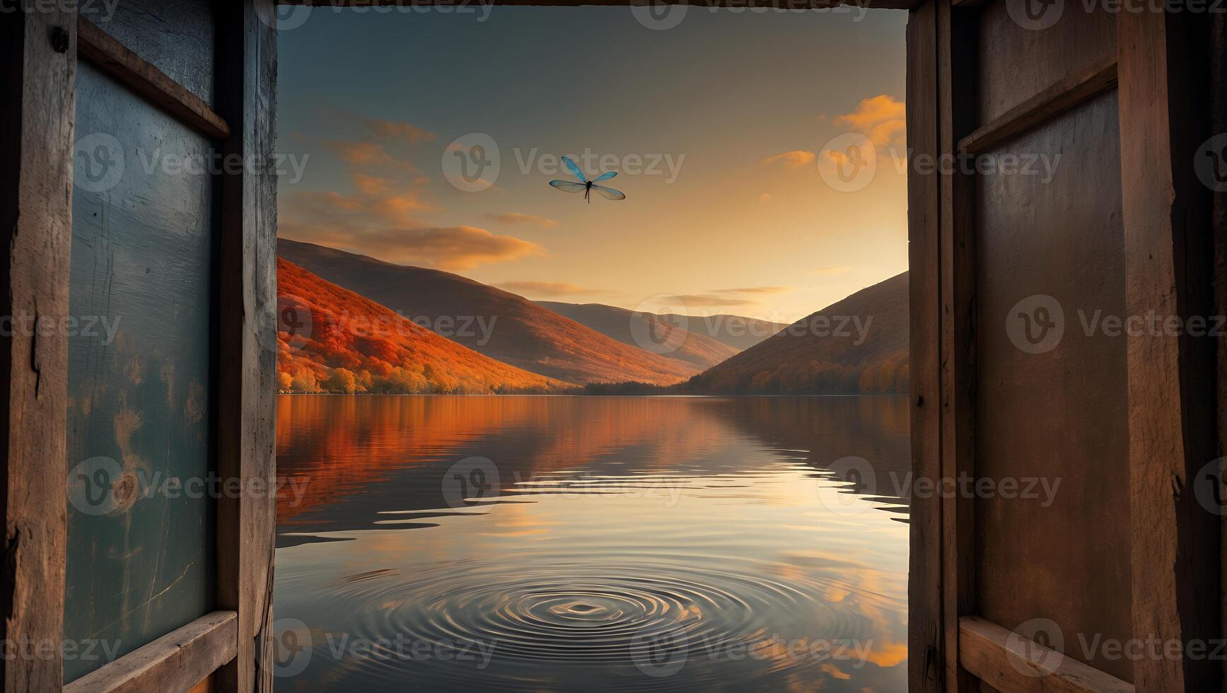 Viewing Serene Lake Landscape with Dragonfly Through an Open Window photo
