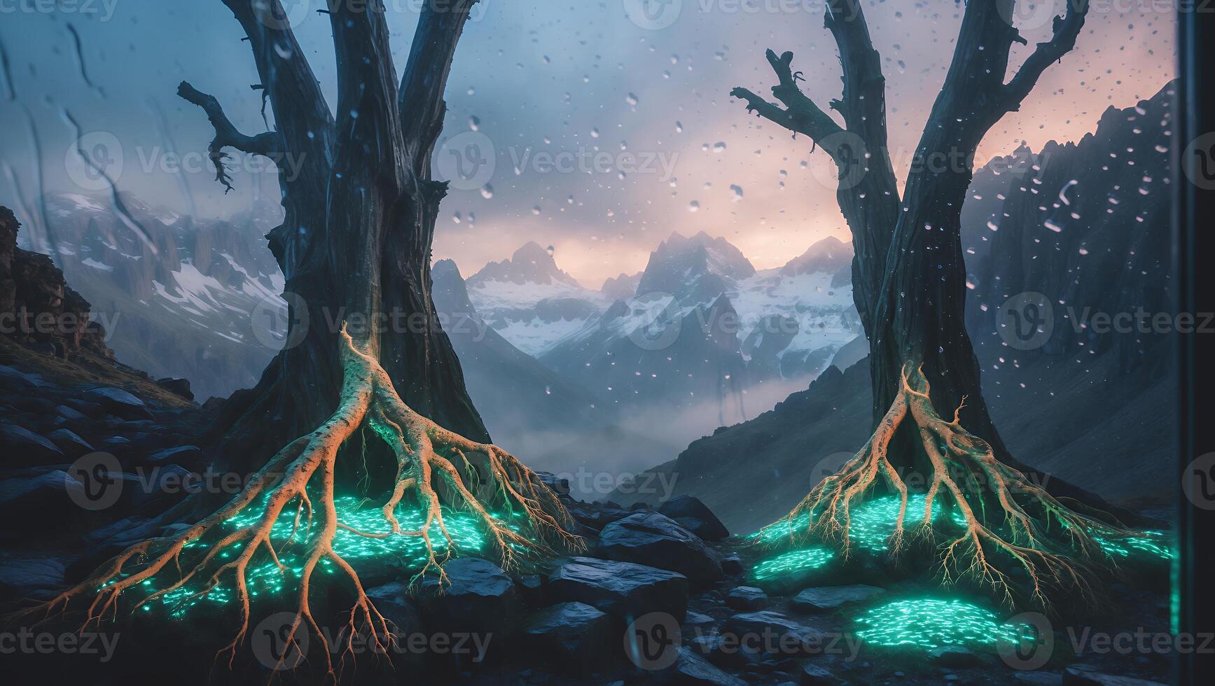 Glowing Roots on Moody Mountain Landscape Seen Through Wet Window photo