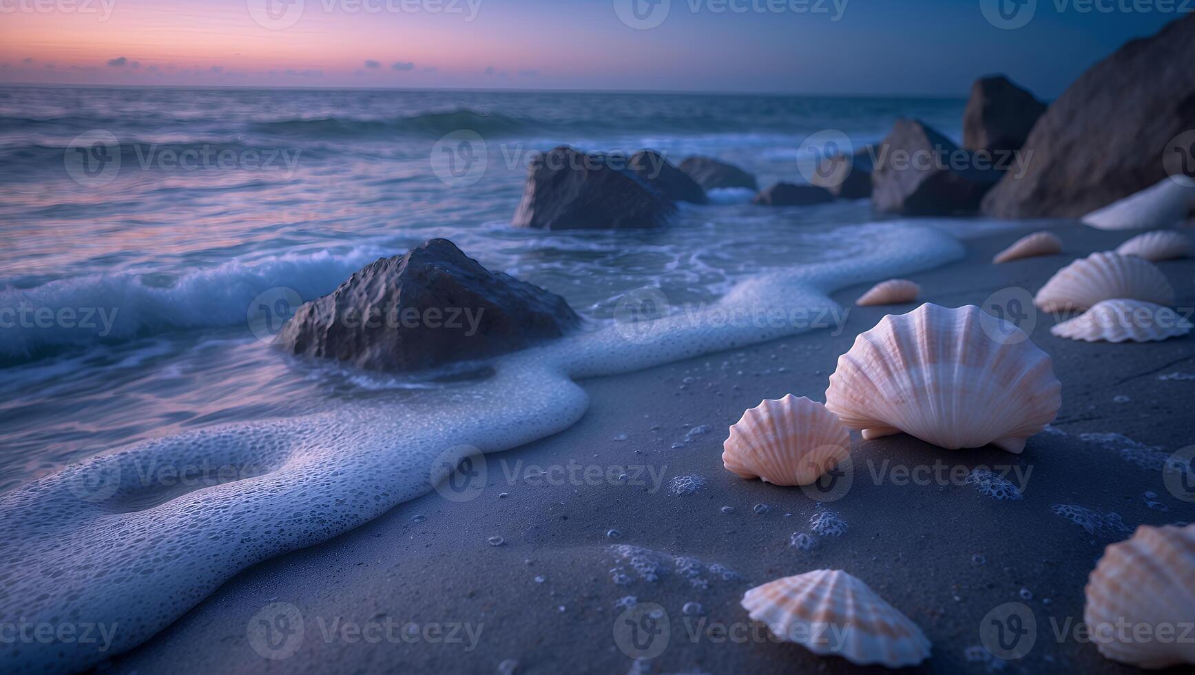 Seashells on Sandy Beach at Sunset with Waves and Rocks photo