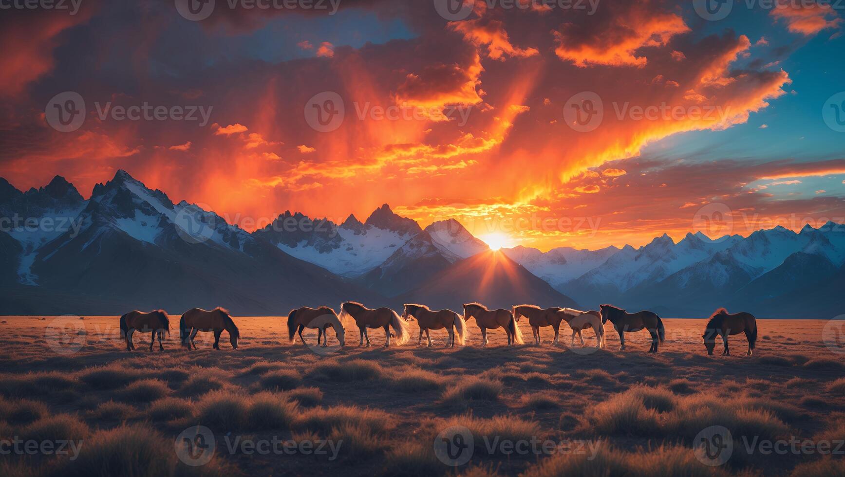 Horses Grazing in Field at Dramatic Sunset with Mountain Backdrop photo