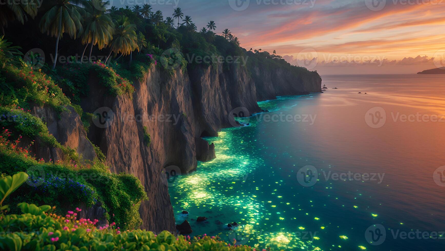 Coastal Cliffscape at Sunset with Tropical Vegetation and Sparkling Water photo
