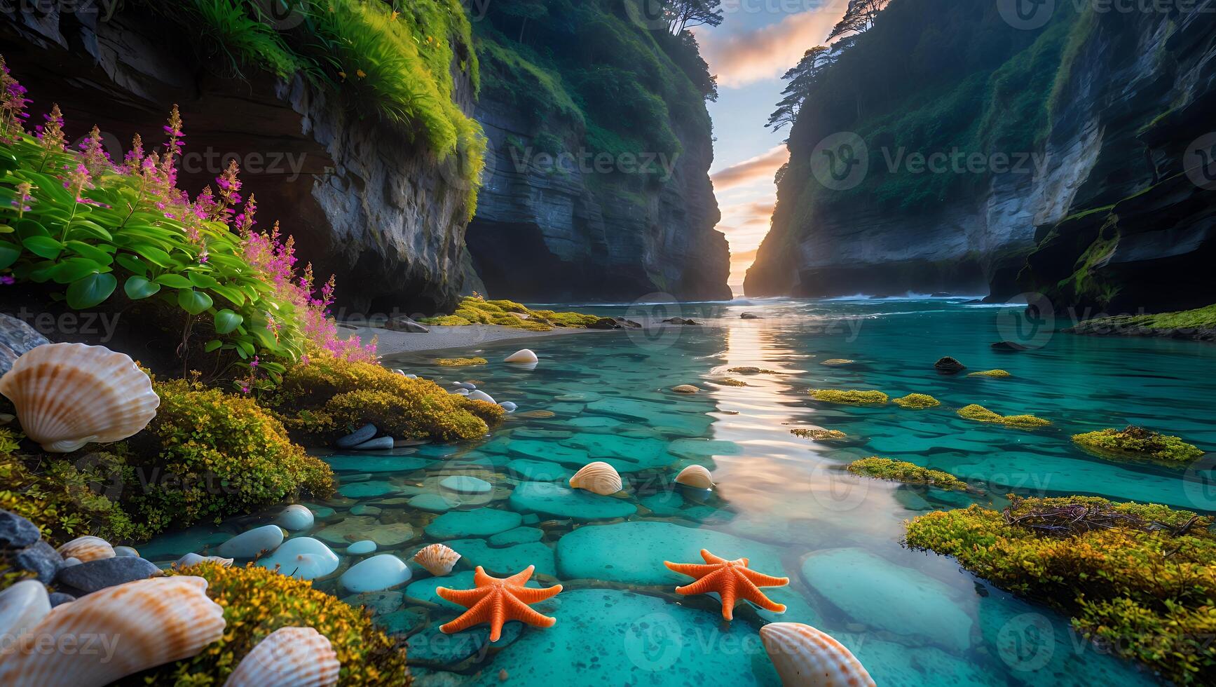 Exploring a Tranquil Cove with Clear Water, Shells, and Starfish photo