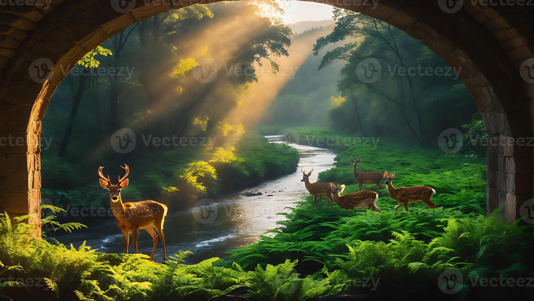 Deer Standing by River Surrounded by Ferns and Sunlight in Forest photo