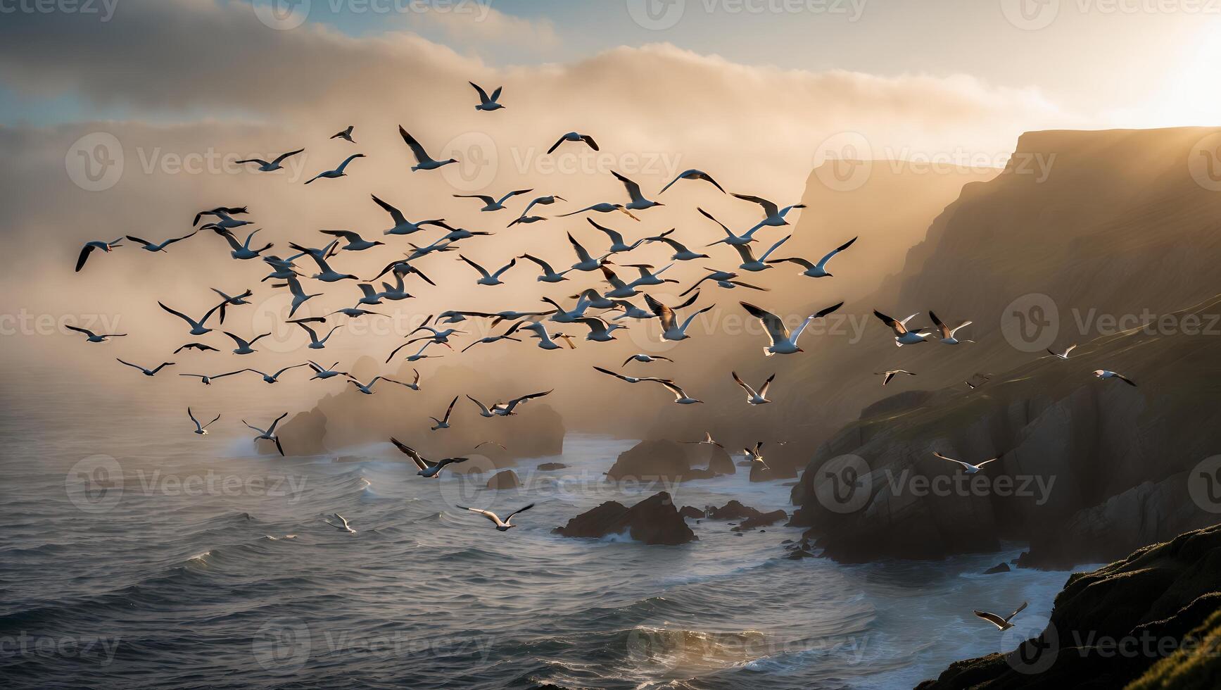 Seagulls Flying Over Coastal Cliffs at Sunset in Ocean Landscape photo