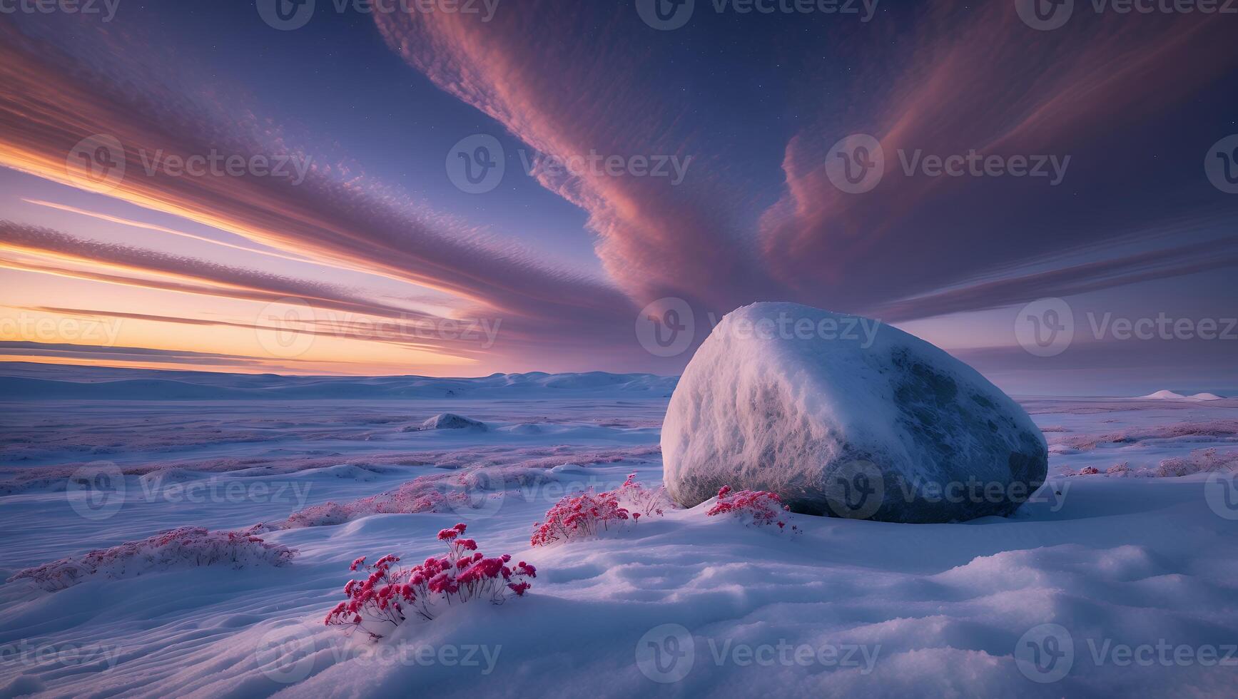 Rock in Snowy Field Under Dramatic Cloudscape at Sunset photo