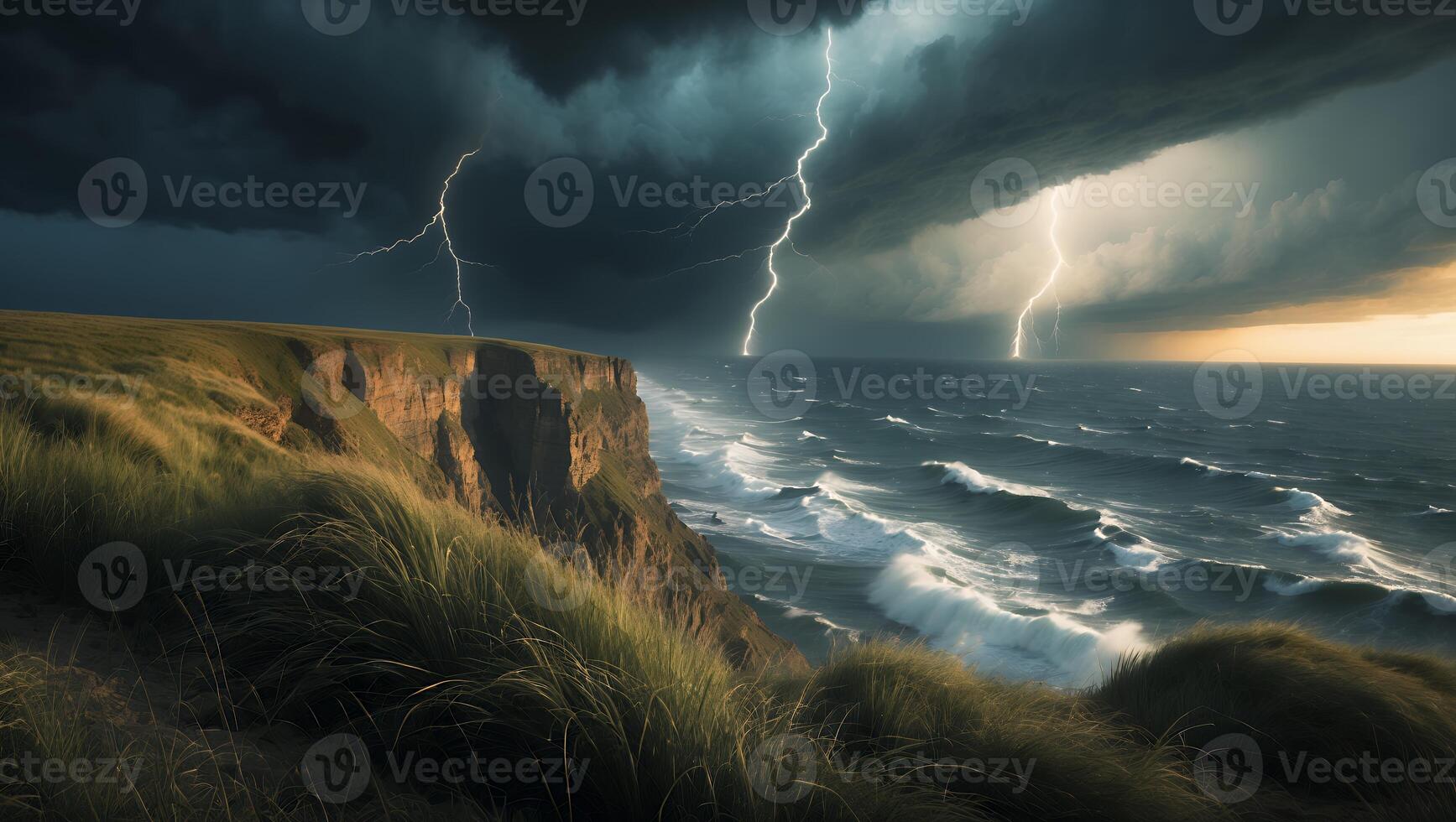Lightning Strikes Over Ocean with Cliffs and Grass During Storm photo