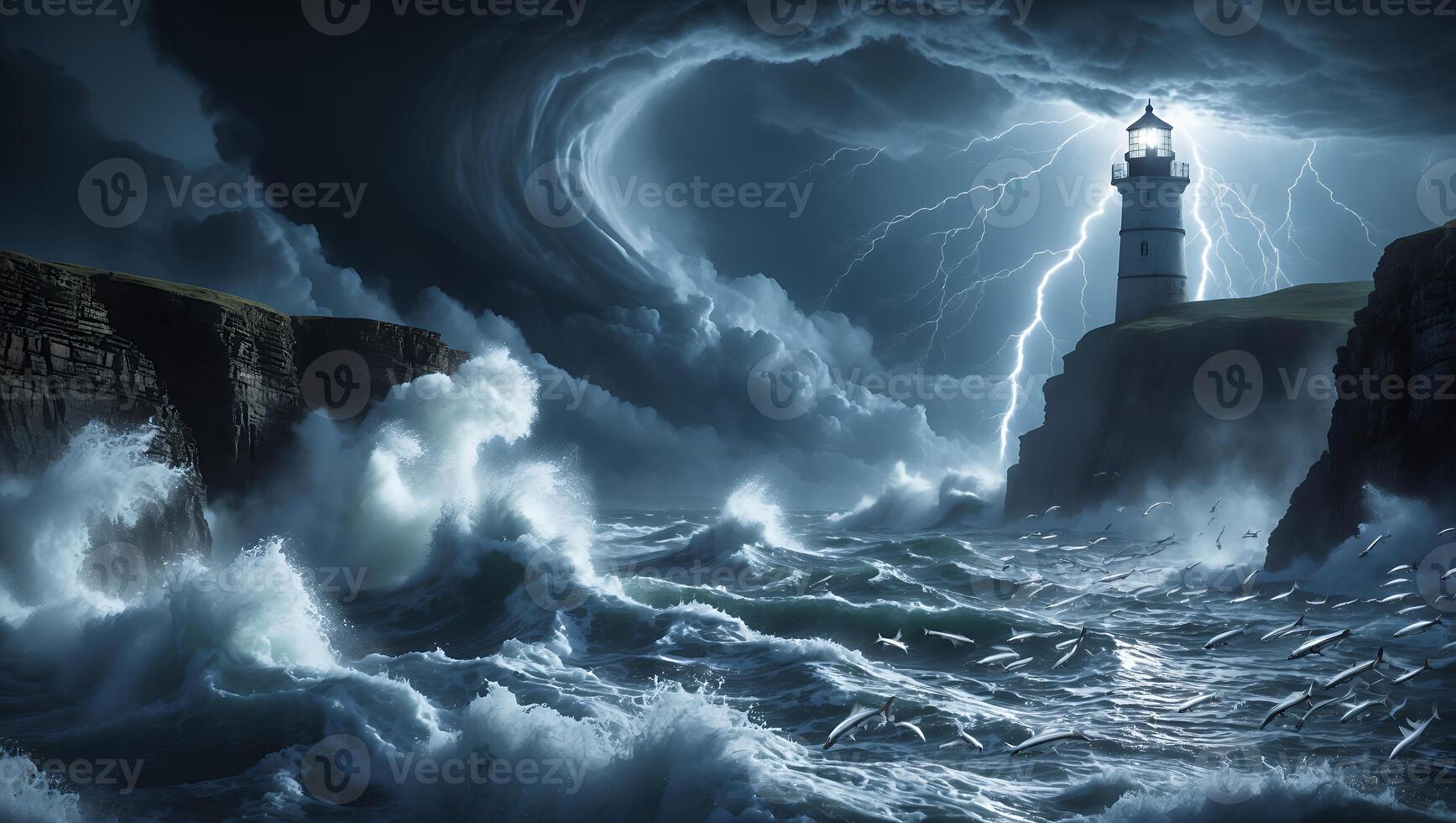 Lighthouse Stands Strong Against Storm Waves and Lightning Strikes photo