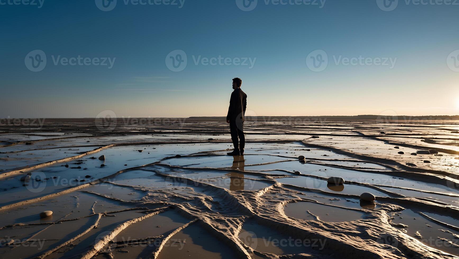 Man Standing on Tidal Flat Reflecting Sunset Light in Calm Setting photo