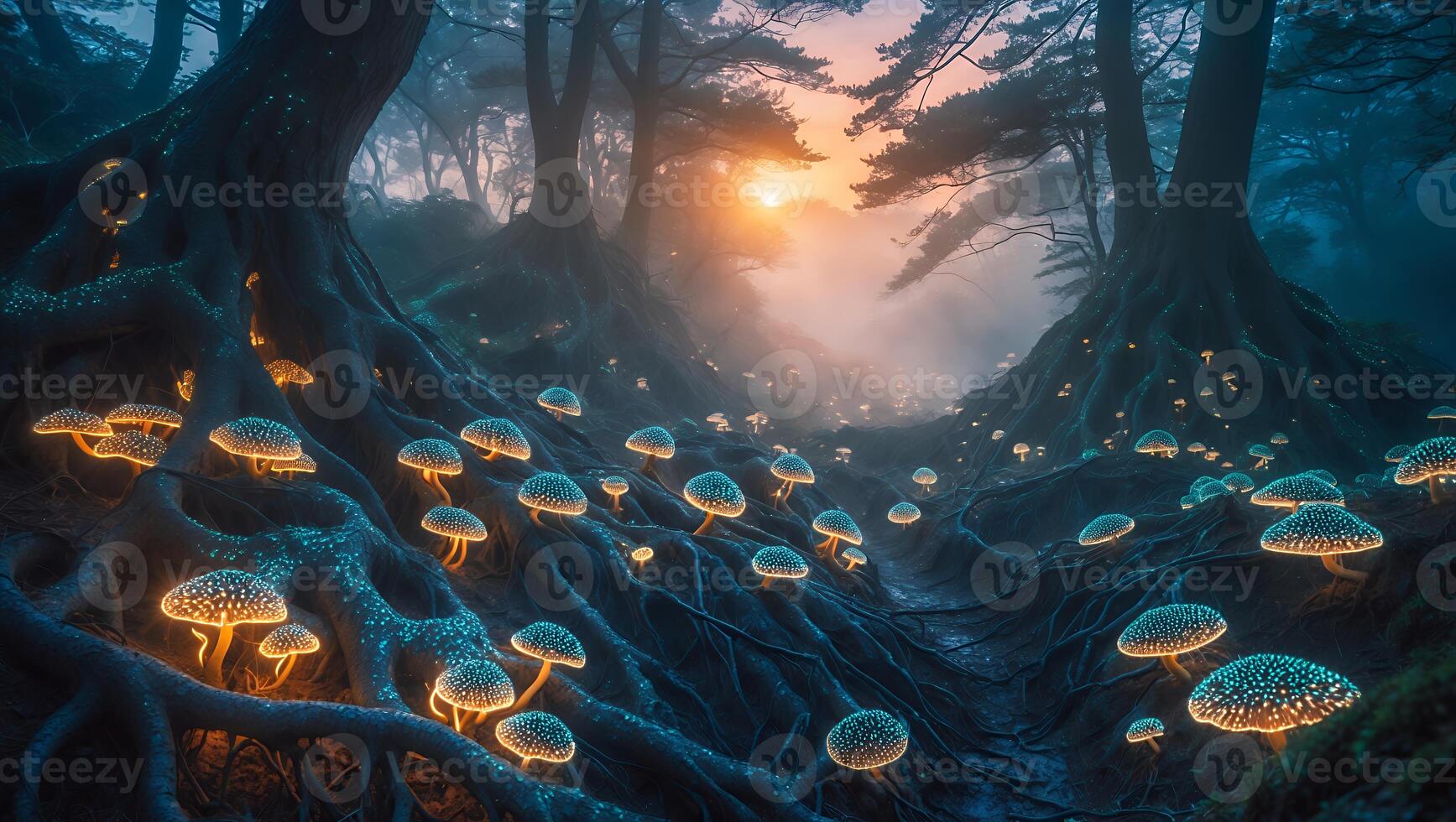 Glowing Mushroom Forest at Sunset with Mystical Fog and Tree Roots photo