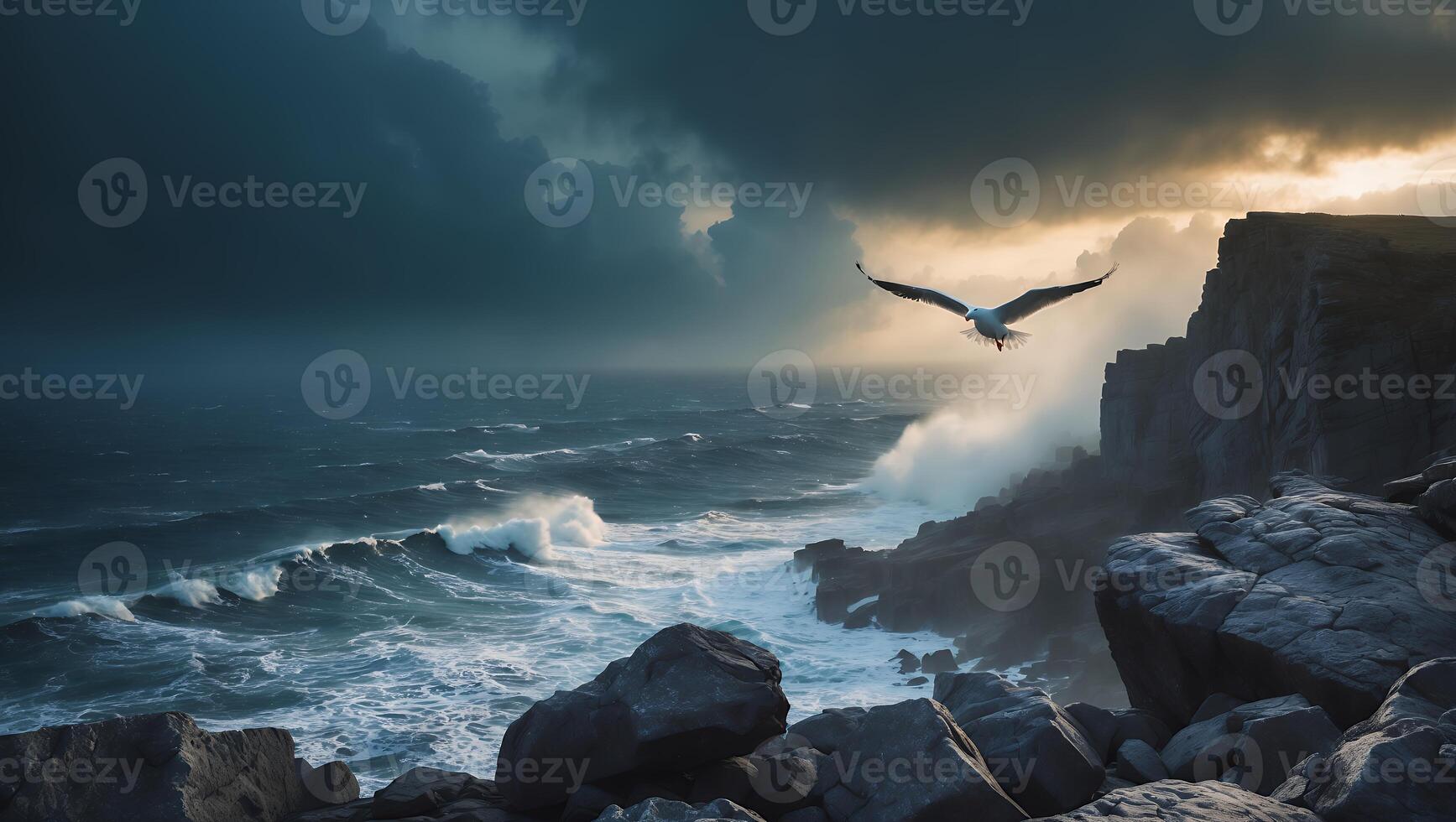 Seagull Soaring Over Rocky Coastline with Crashing Waves and Dramatic Sky photo
