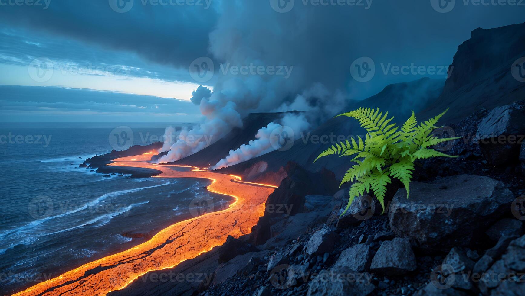 Lava Flowing Into Ocean with Rising Steam and Coastal Vegetation photo