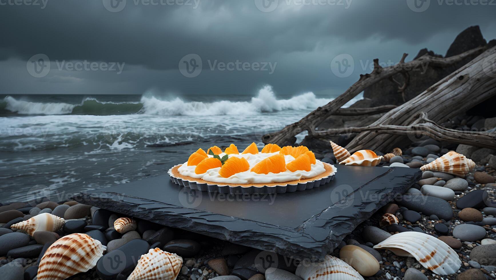 Orange Tart on Coastal Rocks with Dramatic Ocean Backdrop photo