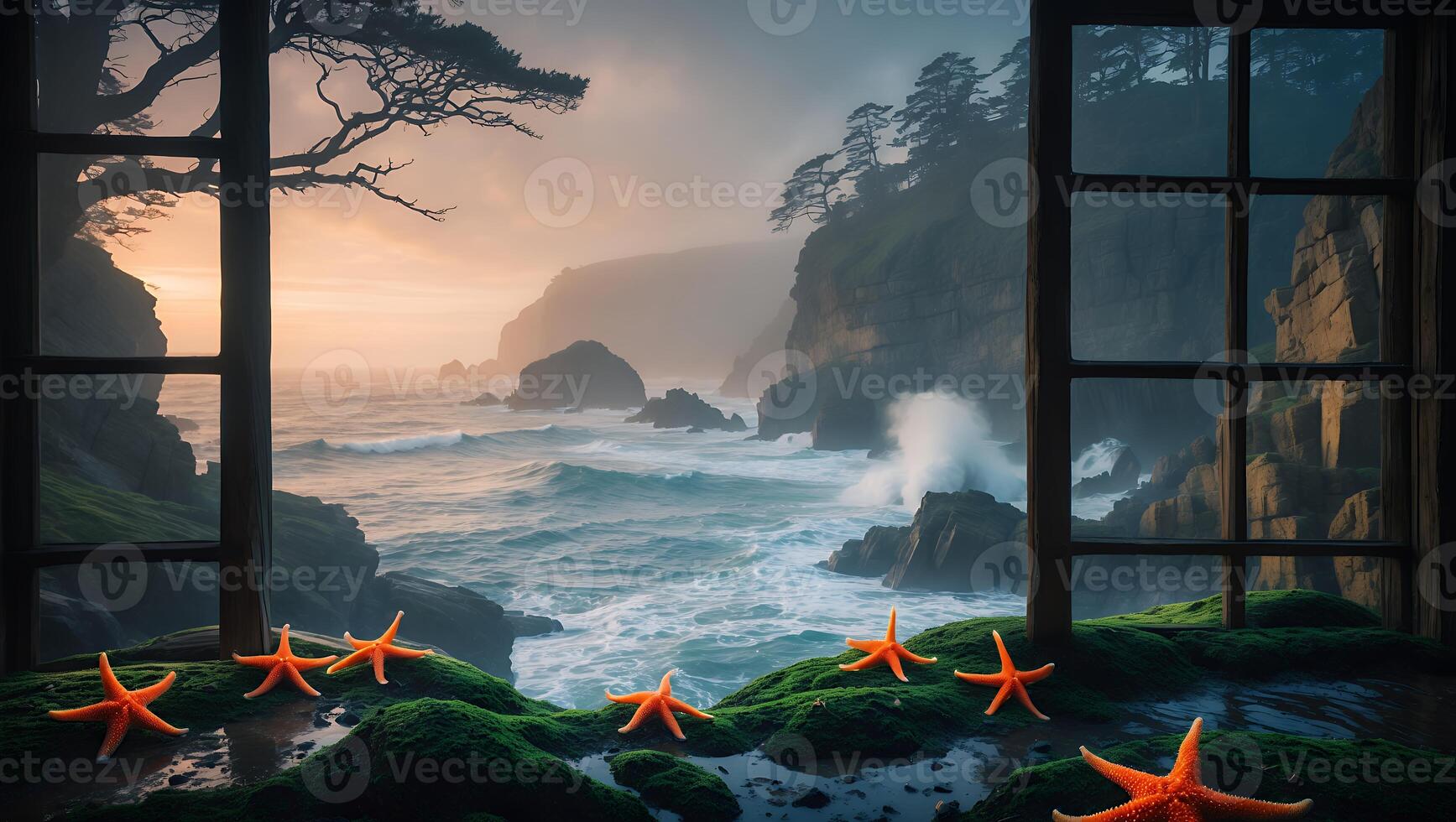 Starfish on Moss Viewing Ocean Waves From Open Window Frame photo