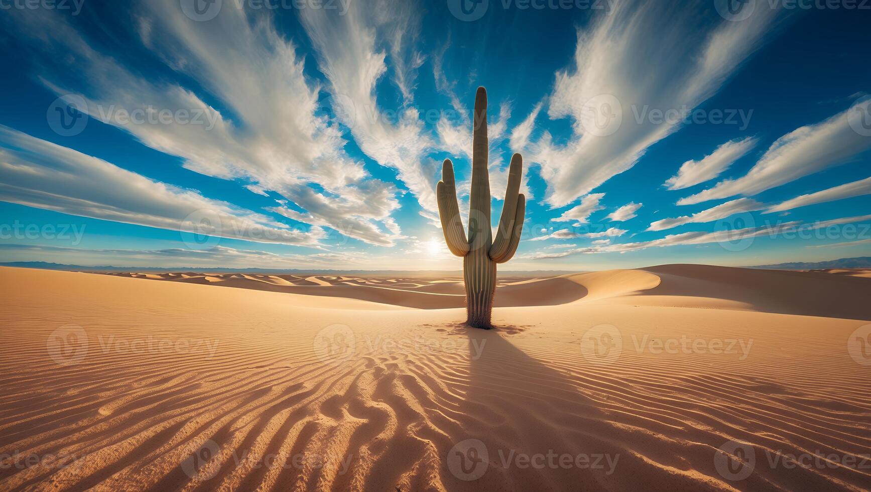Cactus Standing Tall in Desert Landscape with Striking Sky Pattern photo