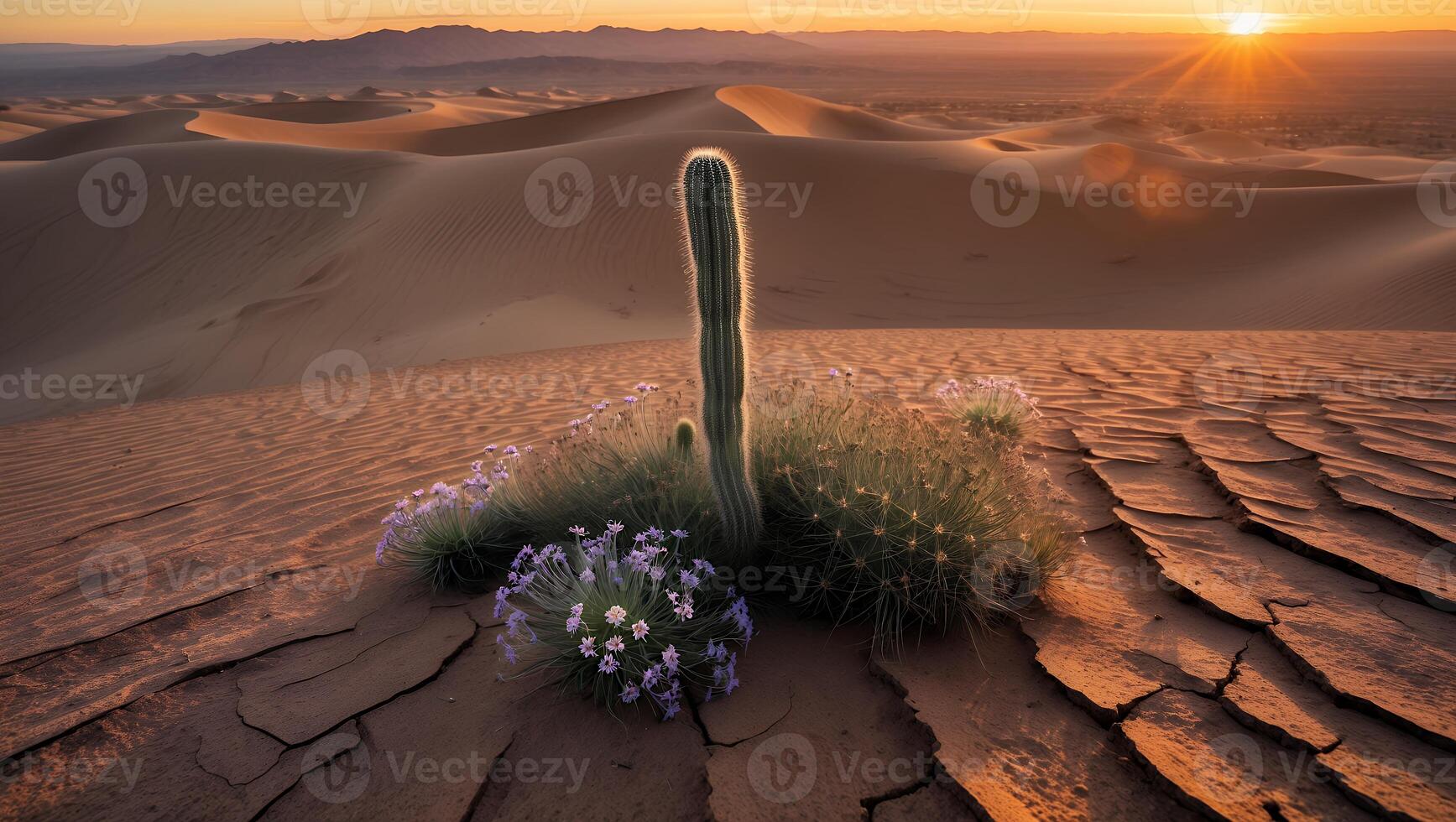 Desert Landscape with Cactus and Wildflowers at Golden Sunset photo