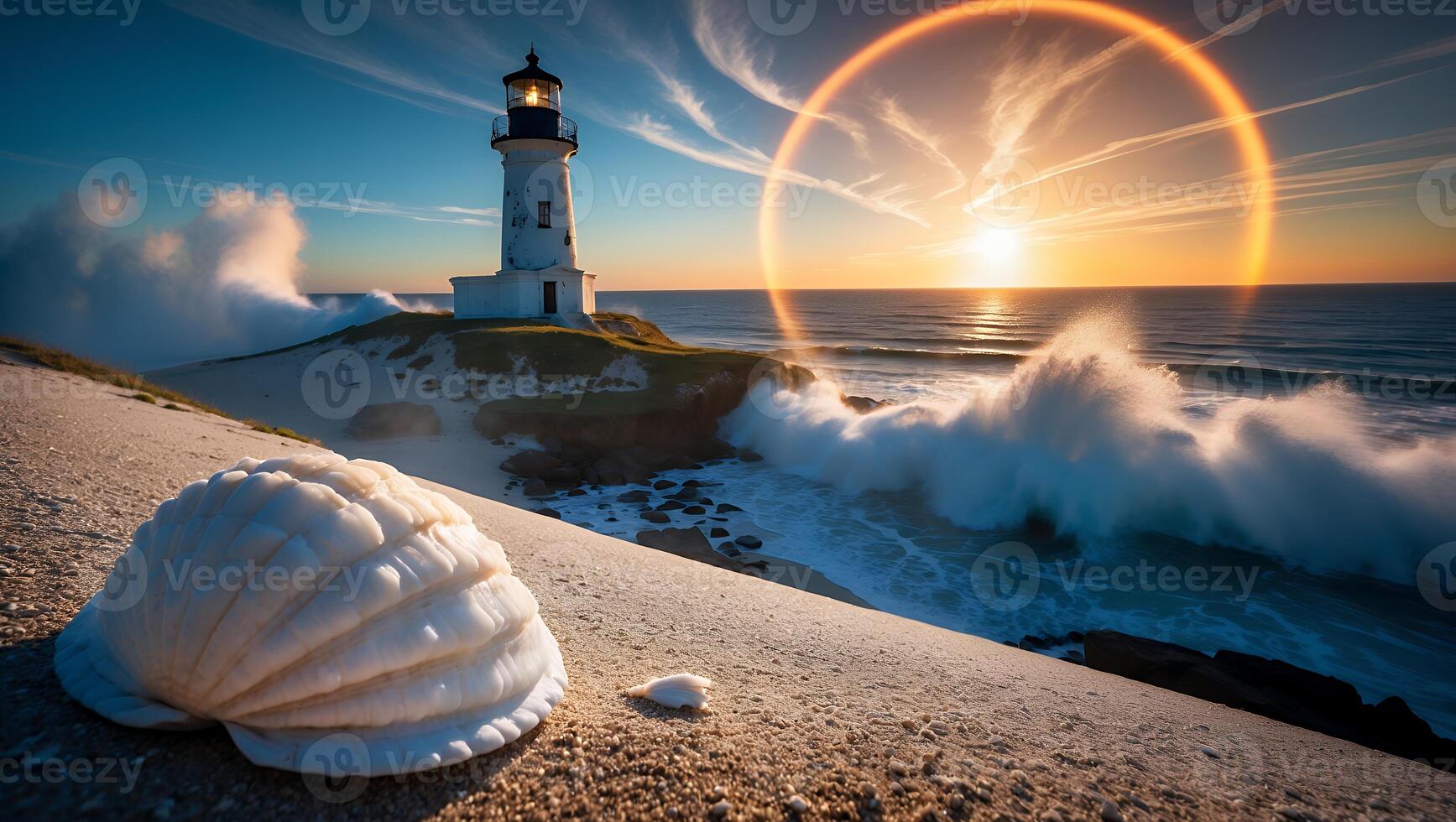 Lighthouse at Sunset with Seashell on Sandy Beach and Crashing Waves photo