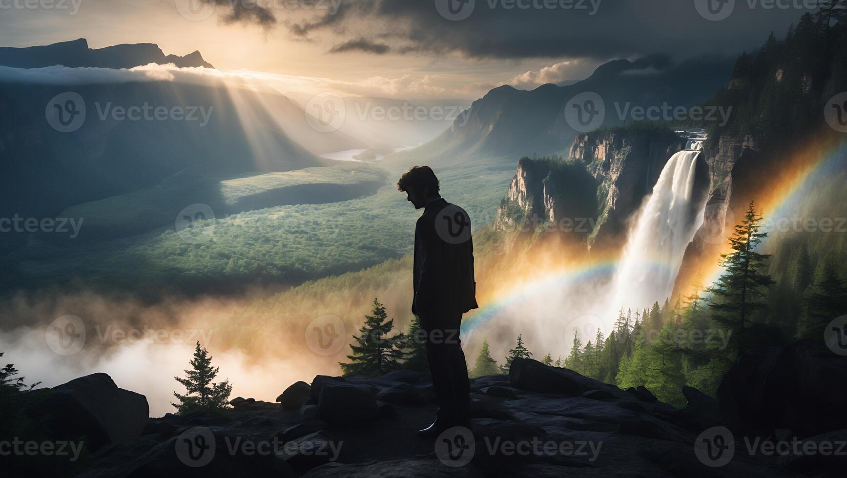Man Standing on Cliff Overlooking Valley with Waterfall and Rainbow photo