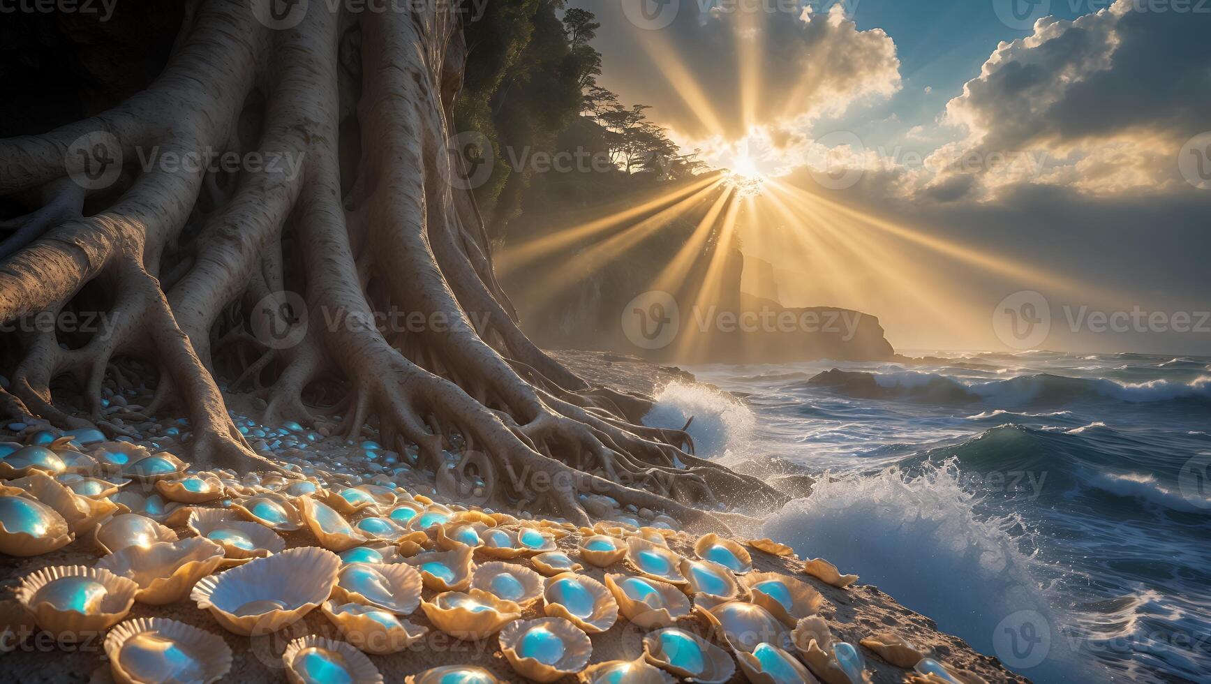 Ocean Wave Splashing Near Tree Roots and Shells at Sunset photo