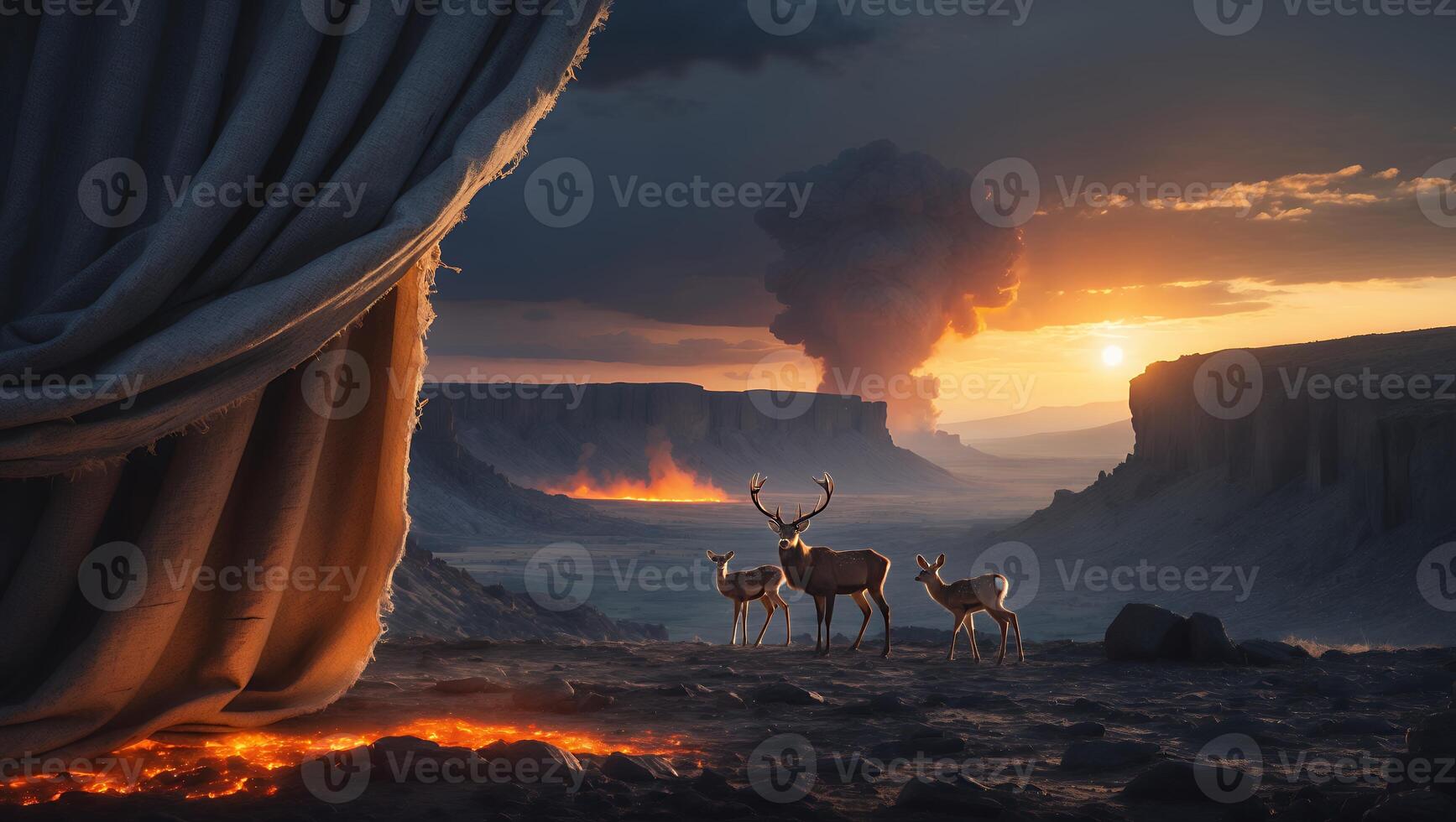 Deer Family Observing Volcanic Eruption Behind Curtain at Golden Sunset photo