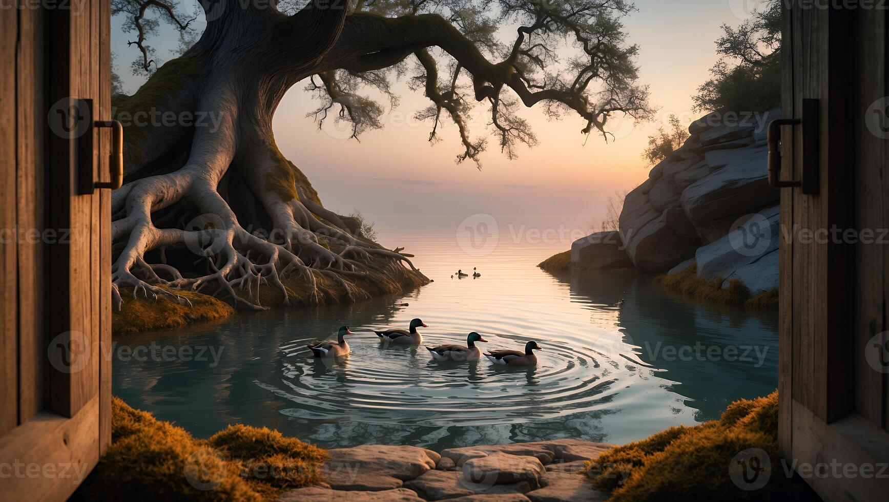 Ducks Swimming in Lake Viewed From Open Wooden Doorway Scene photo