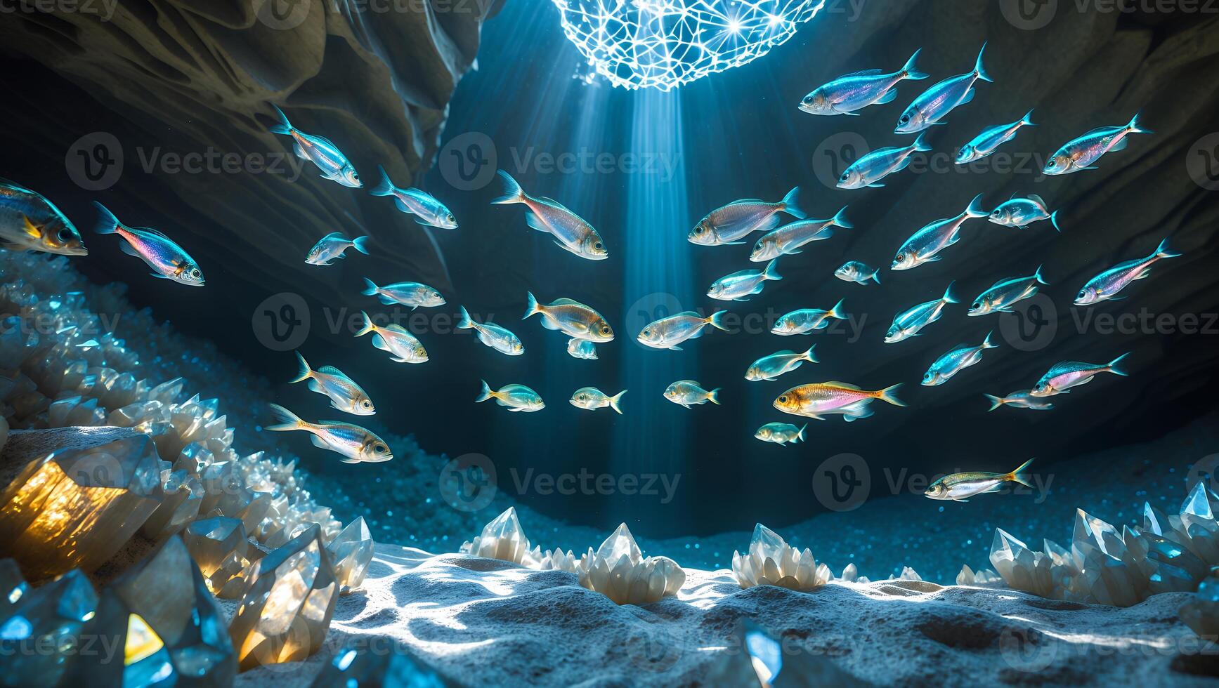 School of Fish Swiming in Underwater Cave with Light Rays photo