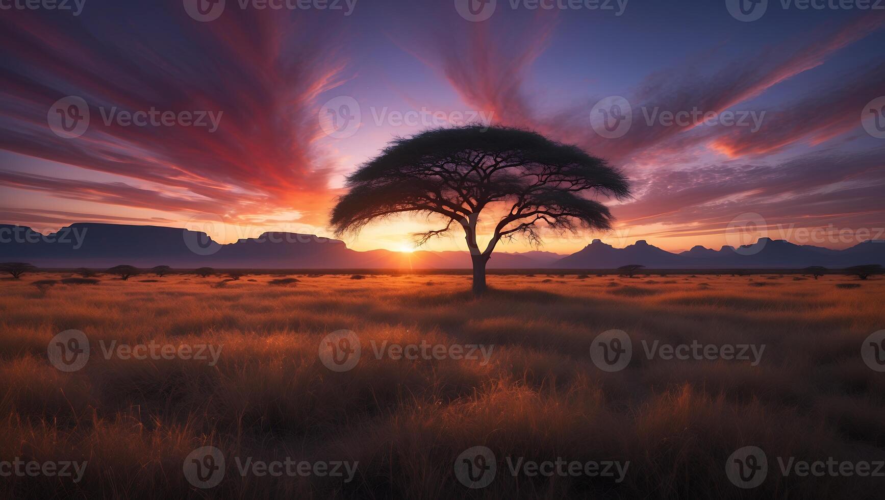 Lone Tree Silhouette at Sunset in Field with Colorful Sky photo