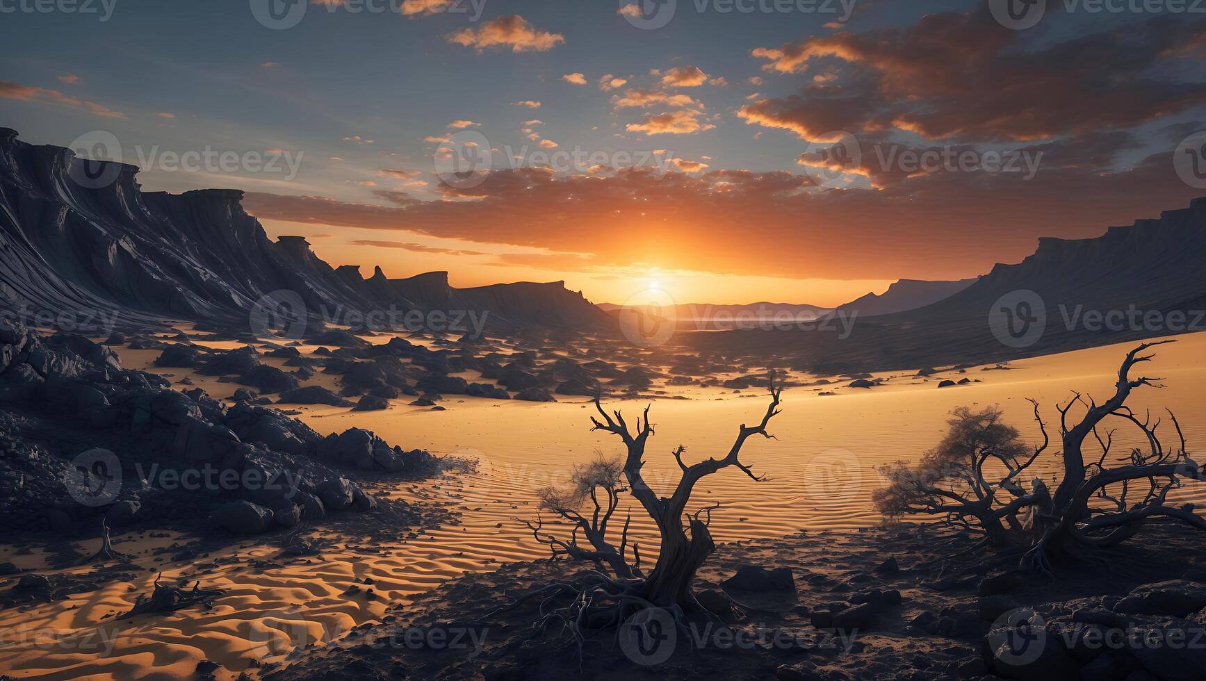 Desert Landscape with Sparse Vegetation and a Vivid Sunset Sky photo