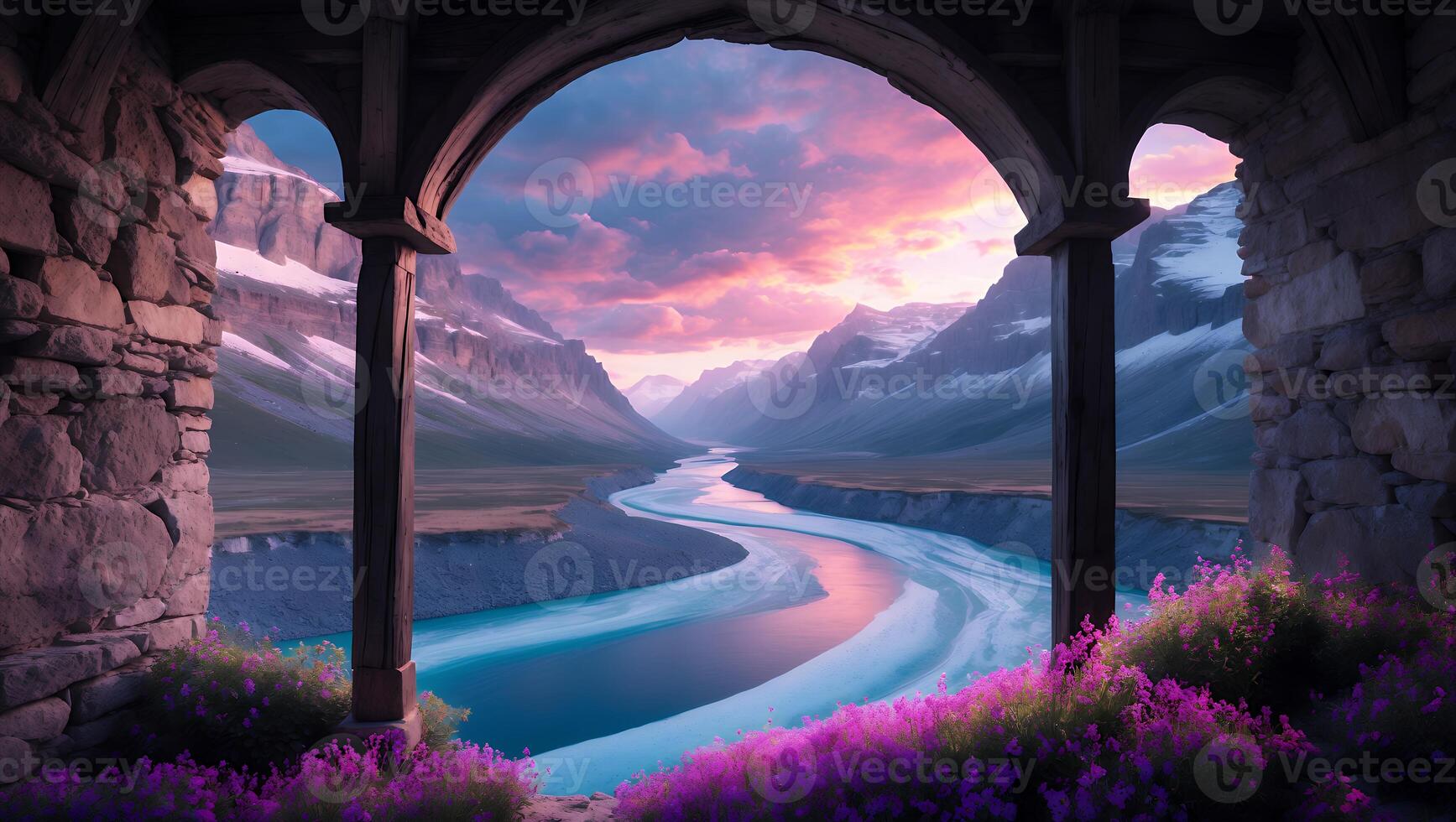 Scenic Mountain River View Through Stone Archway with Colorful Sky photo