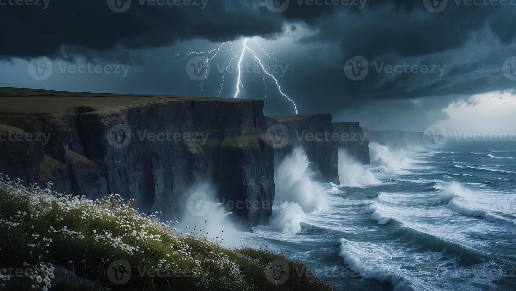 Dramatic Cliffs and Crashing Waves Under a Lightning Filled Sky photo