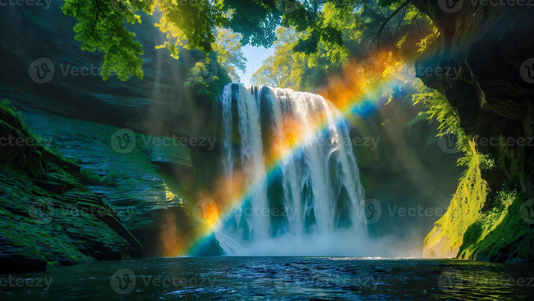 Waterfall with Rainbow in Lush Forest Landscape on a Sunny Day photo