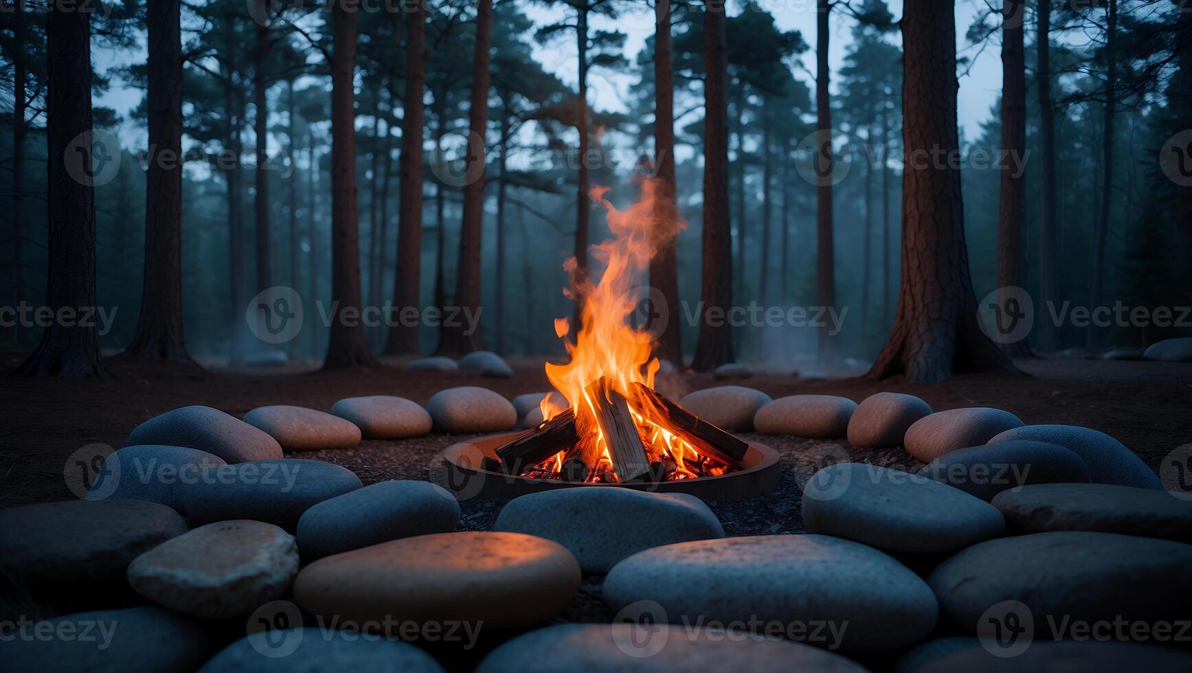 Campfire Burning in Forest Clearing with Stones and Tall Trees photo